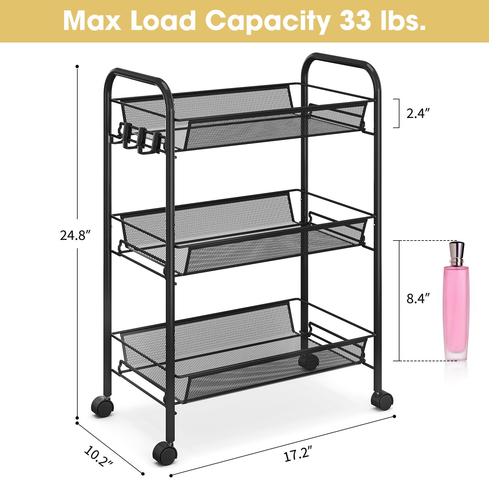 TOOLF Carrito rodante de metal de 3 niveles, alambre de malla fácil de montar, carrito de almacenamiento con ruedas con 3 ganchos, estantería de almacenamiento con ruedas para cocina, baño, lavandería