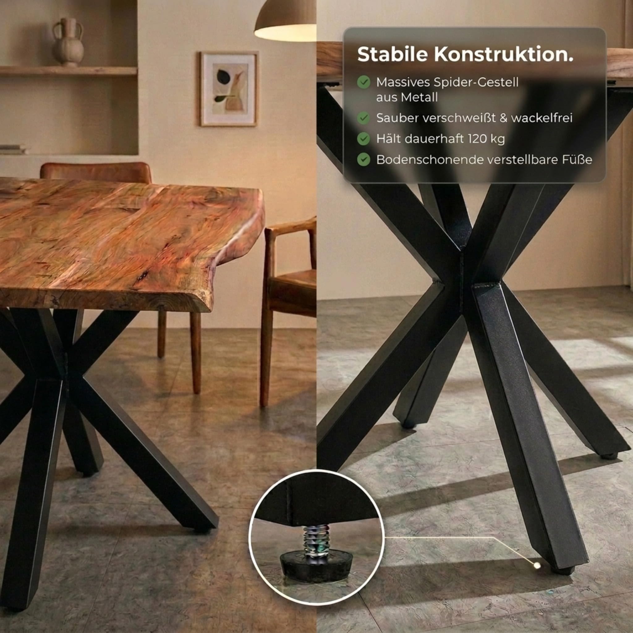 SAM Esstisch Cali 180x90 cm Akazie Natur Spider-Gestell schwarz | Baumkantentisch massiv, Akazienholz naturfarben, Esszimmertisch, Industrial-Design