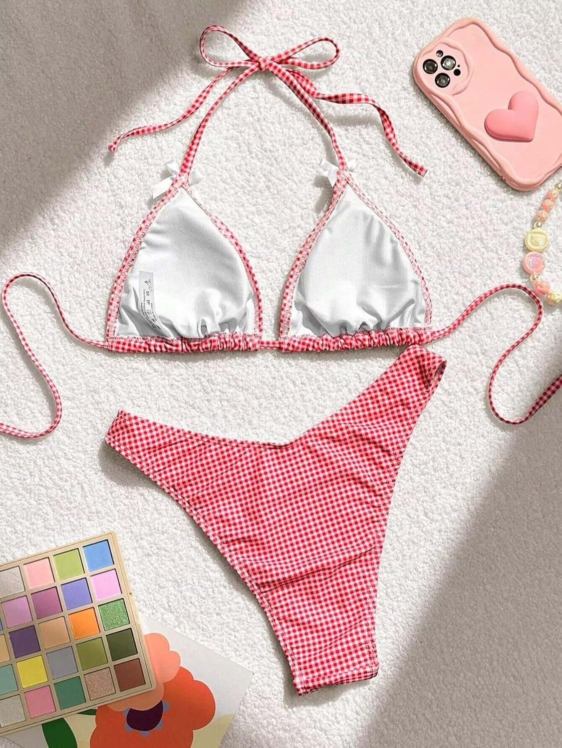 Women's Plaid Gingham Bathing Suit High Waisted Halter Triangle Swimsuit Bikini Set - Image 2