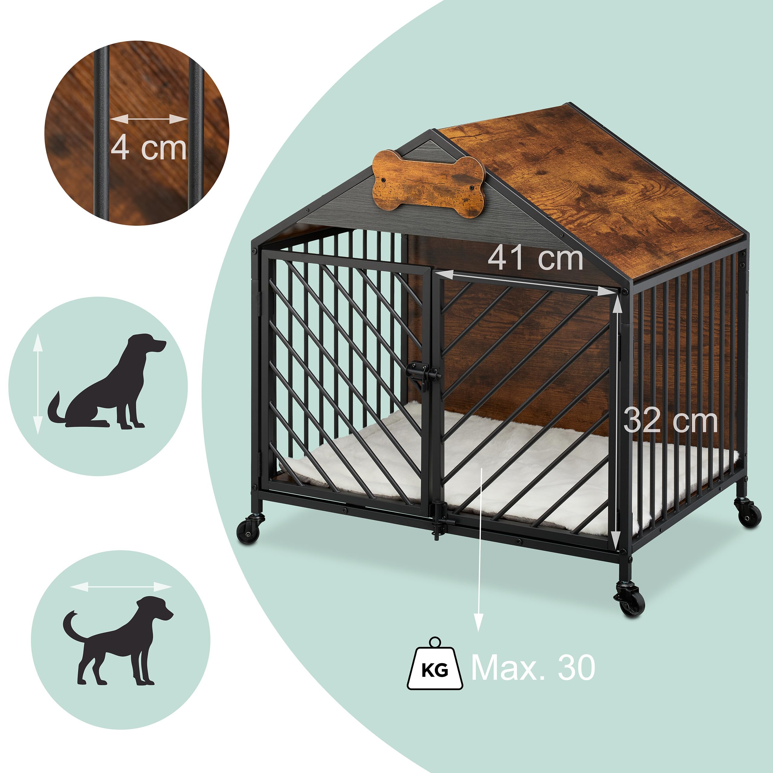 Relaxdays Cage pour Chien Style Industriel avec roulettes, MDF/Acier Brun/Noir, 73x70x53 cm