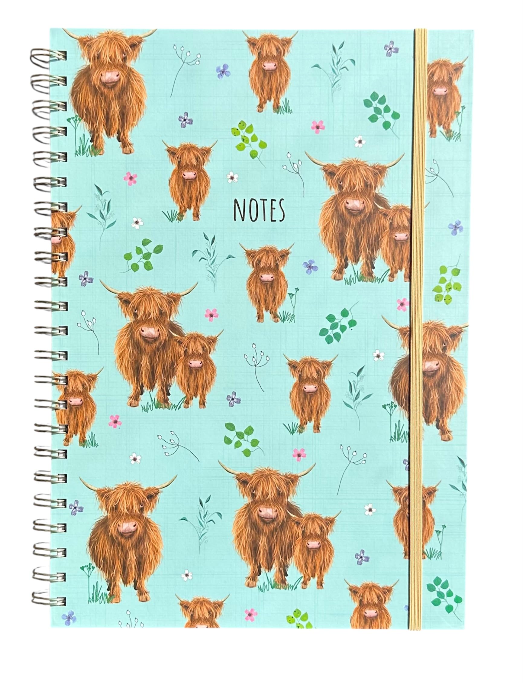 Shineone Watercolour Floral & Highland Cow Spiral Bound Notebook with Elastic Band Closure, A4 Size, 200 Pages, 80 GSM Premium Paper Hardback Cover (Highland Cow)