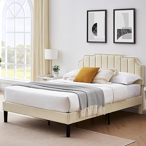 Miniatura 22 de VECELO Base de cama tamaño Queen tapizada con cabecera ajustable copetuda/base de colchón con soporte de listones de madera, fácil montaje, azul