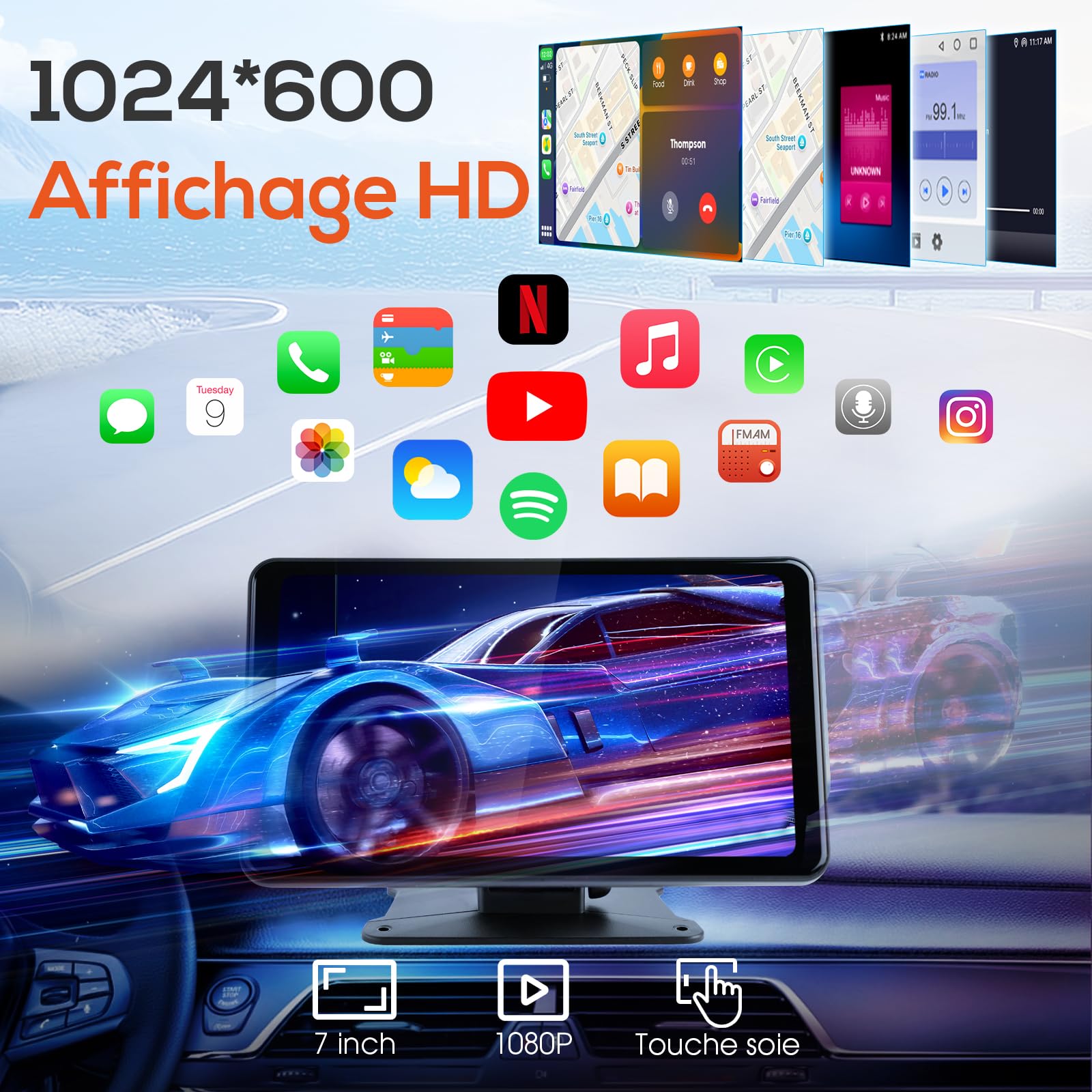 Haudio Portable CarPlay Voiture et CarPlay & Android Auto sans Fil, 7 Pouces Ecran Tactile avec Caméra de Recul, Bluetooth, Mirror Link, GPS, Commande Vocale, for Divers Véhicules