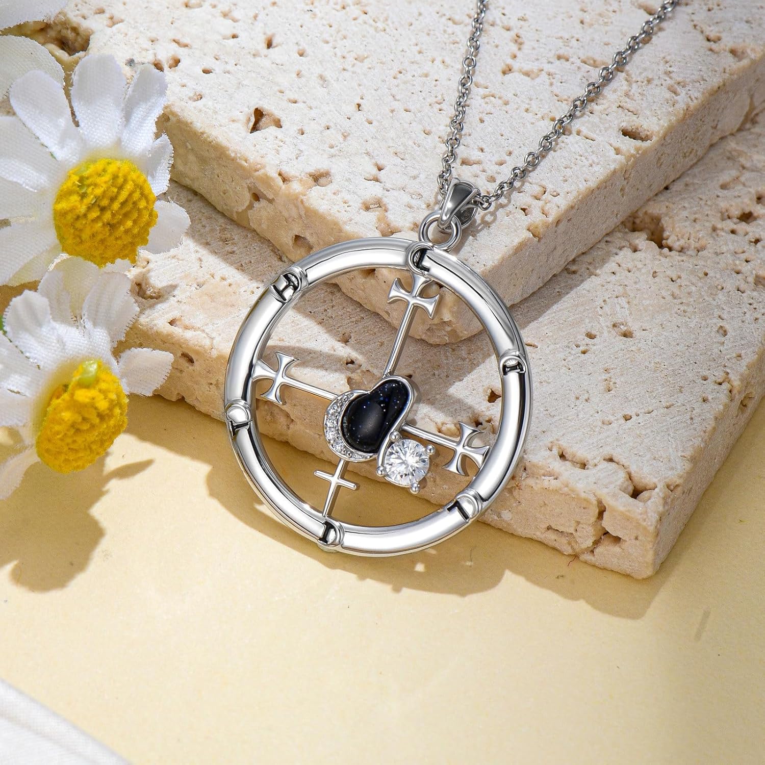 Lilith Necklace 925 Sterling Silver Unique Sigil of Lilith Necklace Blue Sandstone Crescent Moon Cross Pendant Witchy Jewelry for Women Birthday Christmas Gifts - Image 4