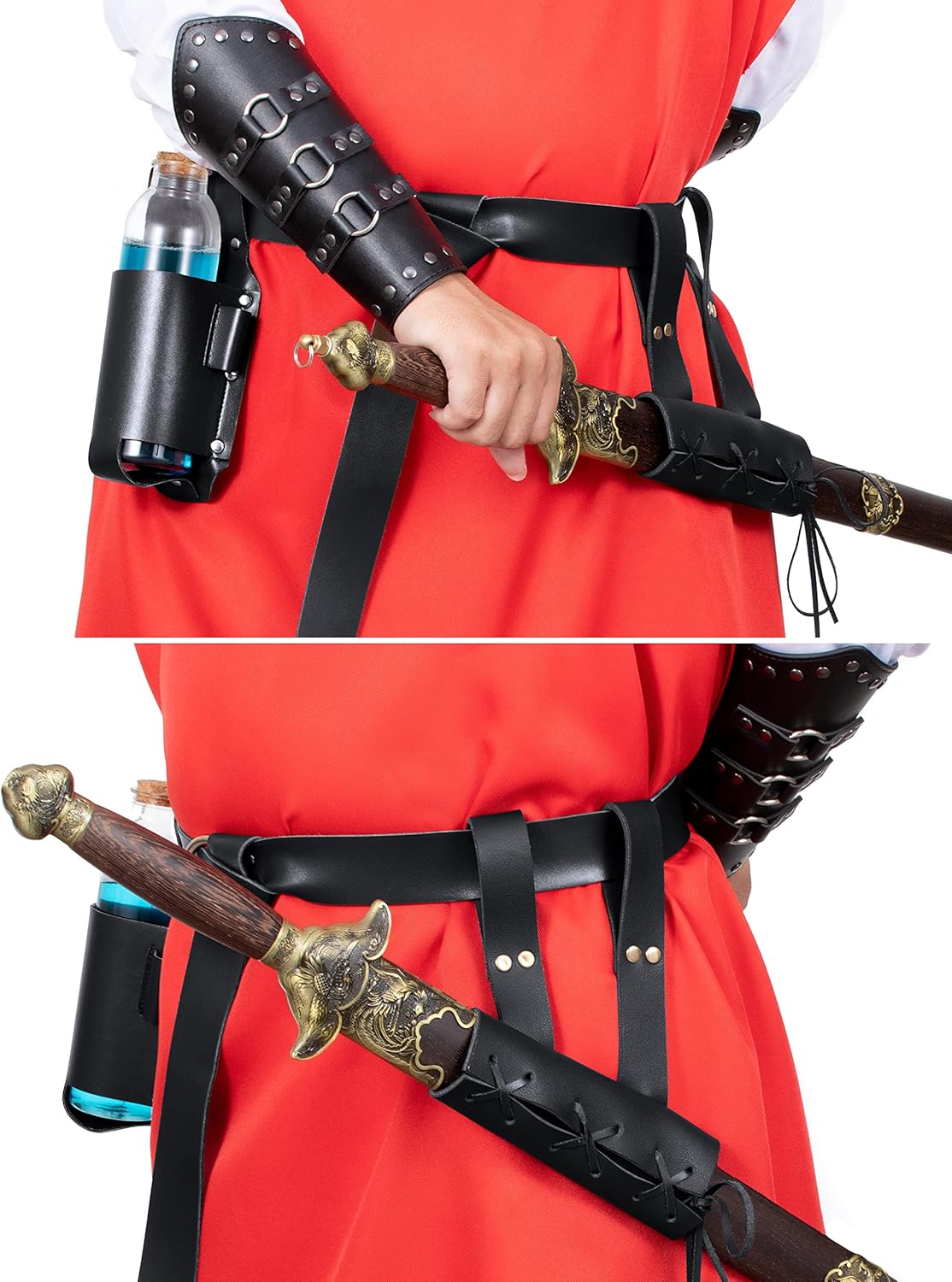 Medieval Knight Leather Belt Shawl Men Renaissance Half Shoulder Cape Scarf Buckle Bracers Retro Magic Cork Potion Bottle Sword Frog Accessories(Type1) - Image 2