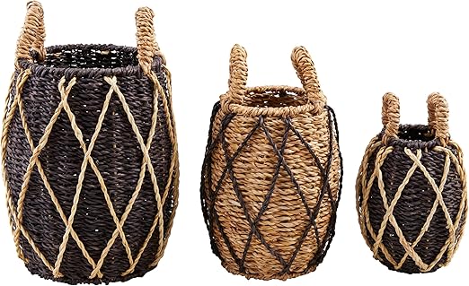 Mud Pie Black Seagrass Basket Set; small 10" x 6" dia | medium 13" x 8" dia | large 15" x 10" dia