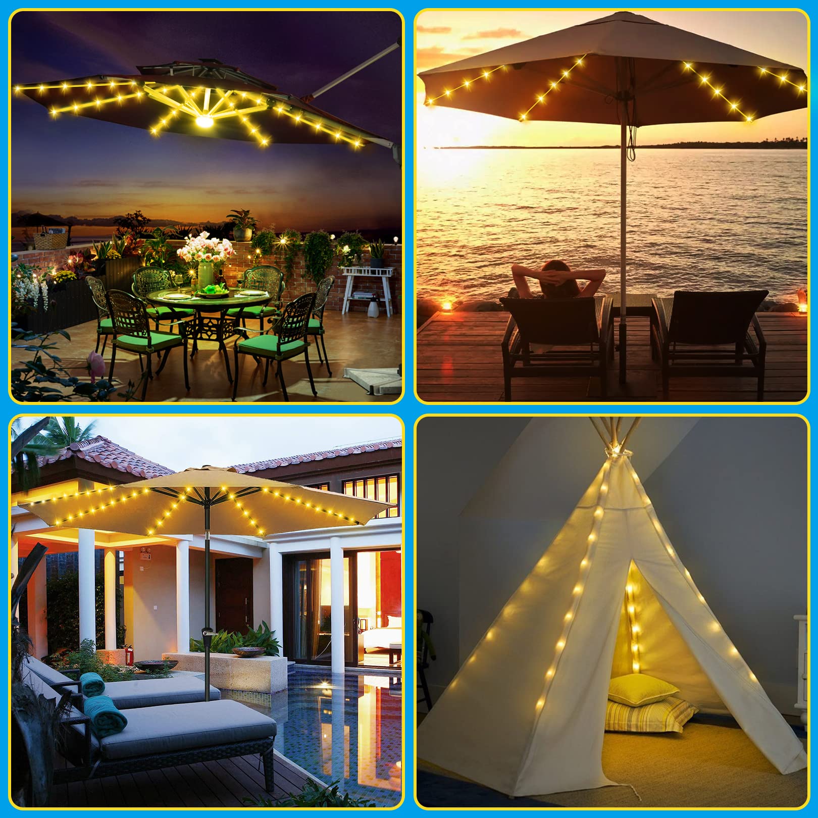 Iluminación solar para sombrilla,cadena de luces con 104 luces LED y mando a distancia de 8 modos,IP67,resistente al agua,para decoración de sombrillas,tiendas de campaña,para interior y exterior