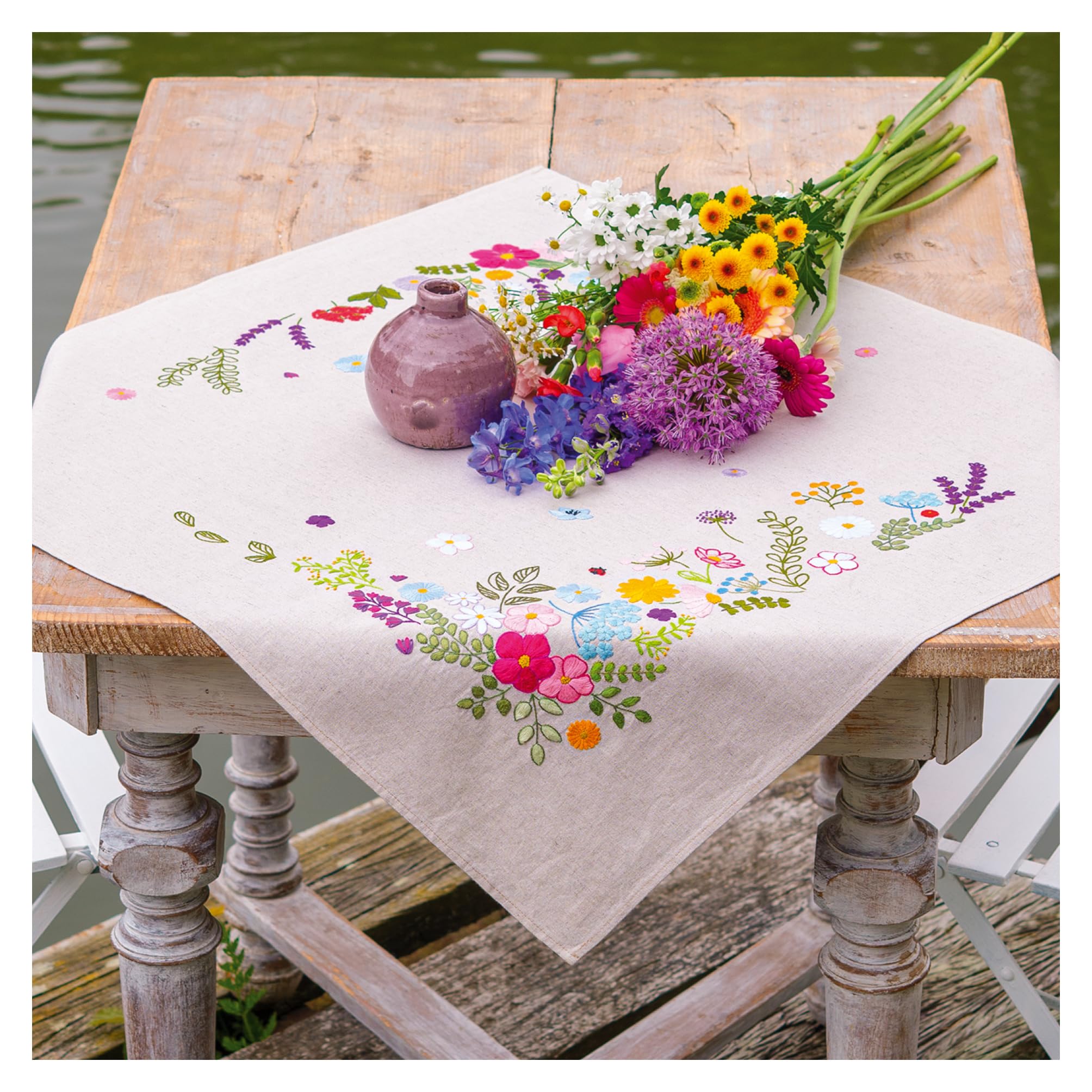 Vervaco Embroidery Kit Tablecloth Embroidery Set Adult Pre-Printed Happy Spring Embroidery Blankets Pre-Drawn Blanket Embroidery Kit Flat Stitch Approx. 72 x 72 cm Embroidery Set Creative Gift