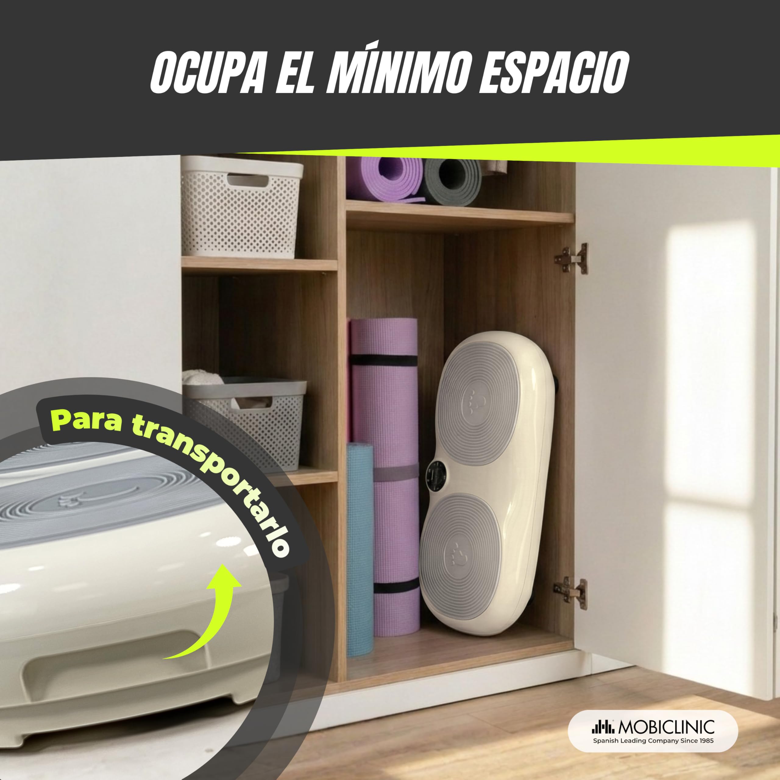 Mobiclinic®, Plataforma Vibratoria, 99 Niveles, 9 Programas de Entrenamiento, Bandas Elásticas y Mando, 200W, Tonificación y Entrenamiento Cuerpo Completo, Ideal para casa, hasta 150 kg, Karol