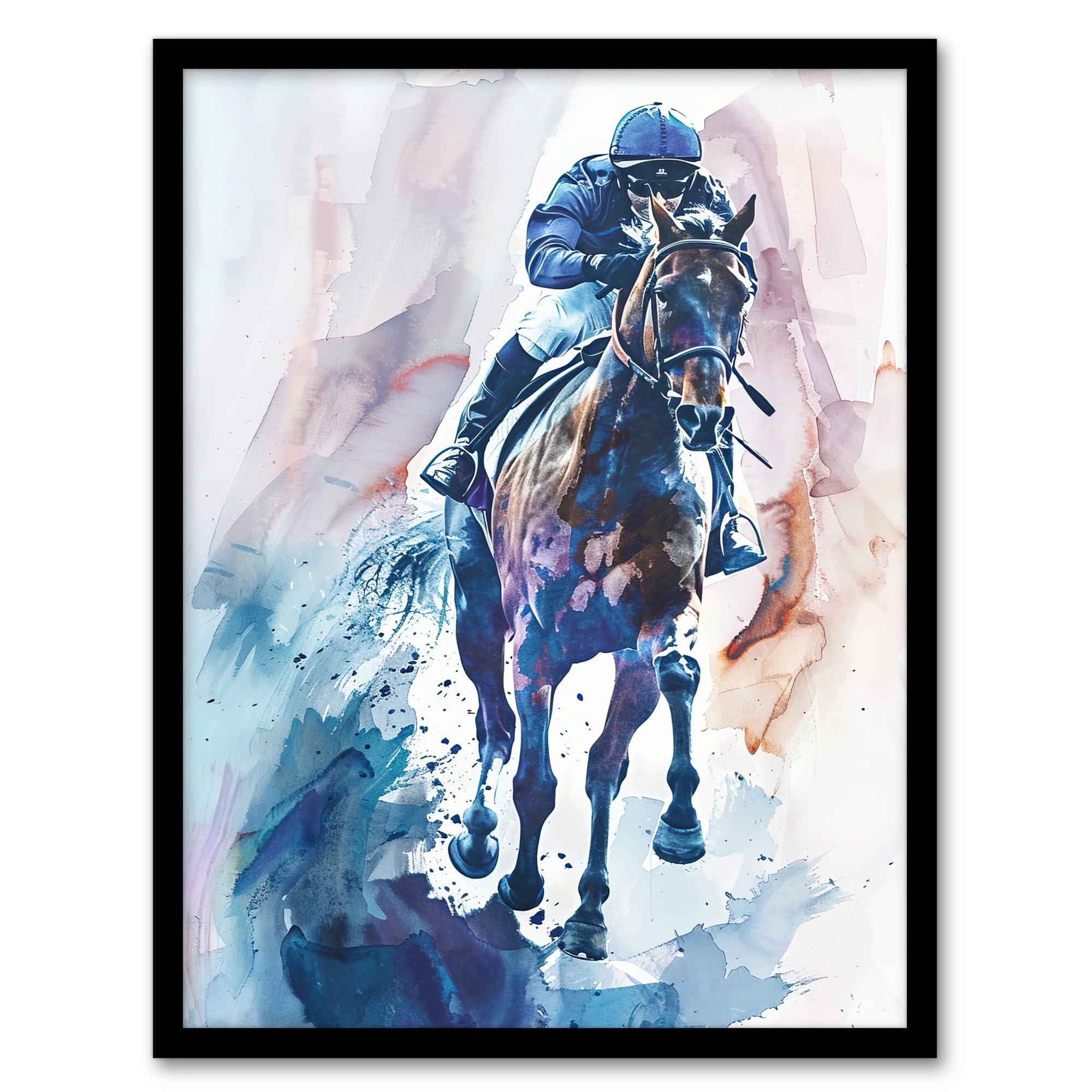 Artery8 Jockey on Racehorse Modern Watercolour Light Living Room Artwork Framed Wall Art Print 18X24 Inch