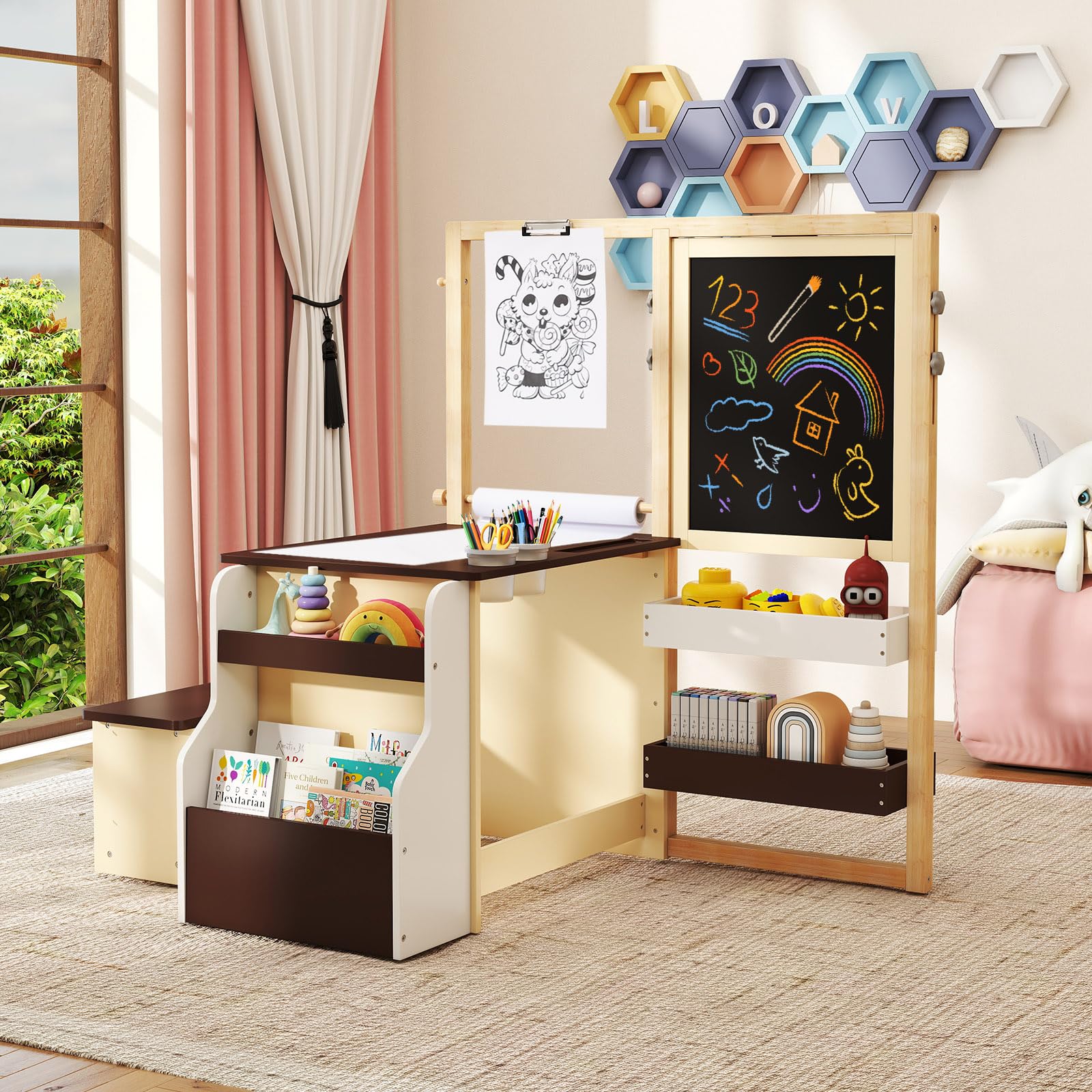 GYMAX Set di Cavalletto con Tavolo e Panca per Bambini, Scrivania Multifunzionale in Legno con Lavagna Bifacciale, Rotolo di Carta, Scaffale, Contenitore, Mobili per Attività (Caffè)