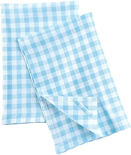 Solino Home Juego de 2 toallas de cocina de lino Campana azul de 17 x 26 pulgadas 100% lino puro a cuadros de cuadros Lavable a máquina y hecho a