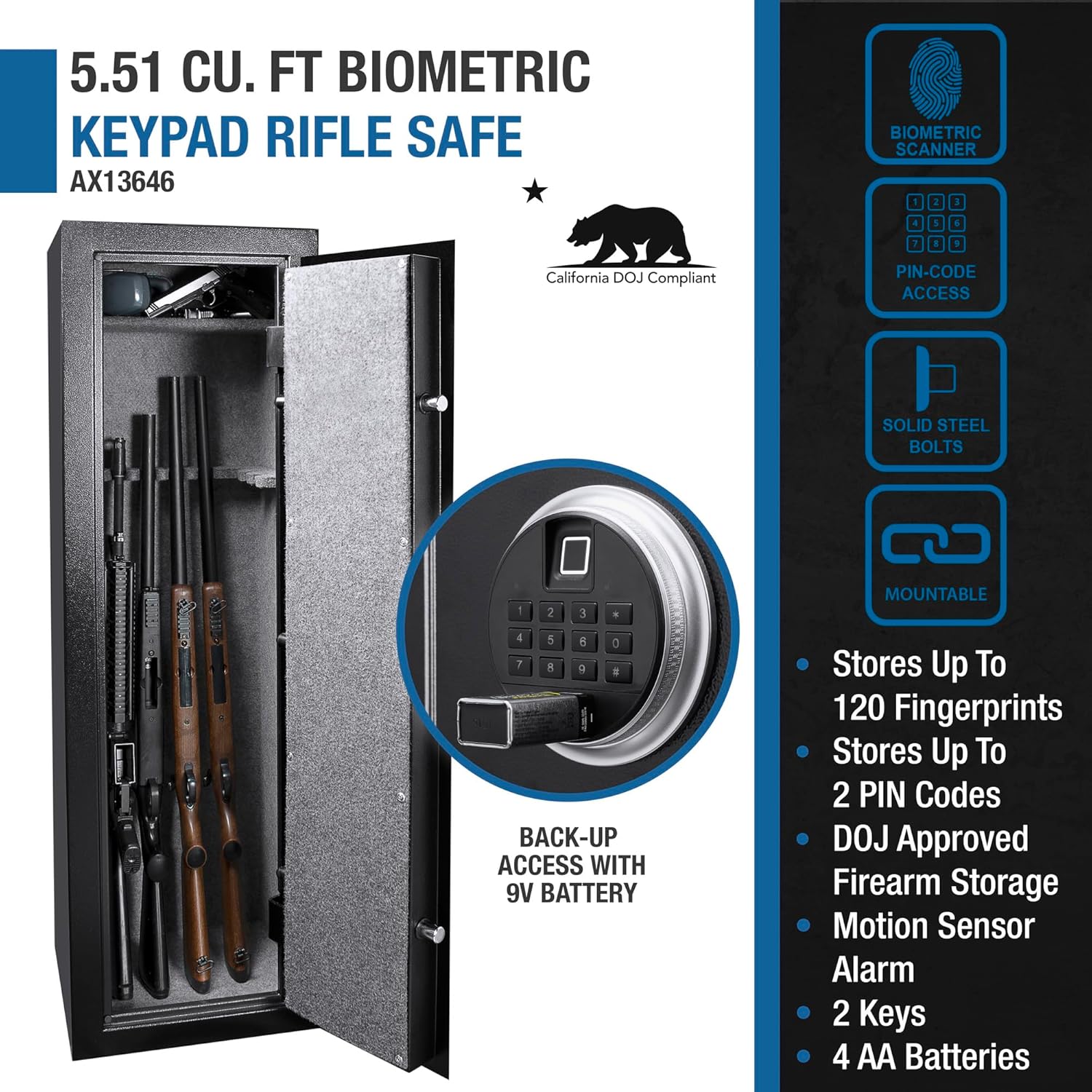 Barska 5.51 Cu Ft DOJ Certified Biometric Rifle Safe – 10 Gun Capacity, Fingerprint & PIN Access, 6-Point Deadbolt, Silent Mode, Motion Alarm, Carpeted Interior
