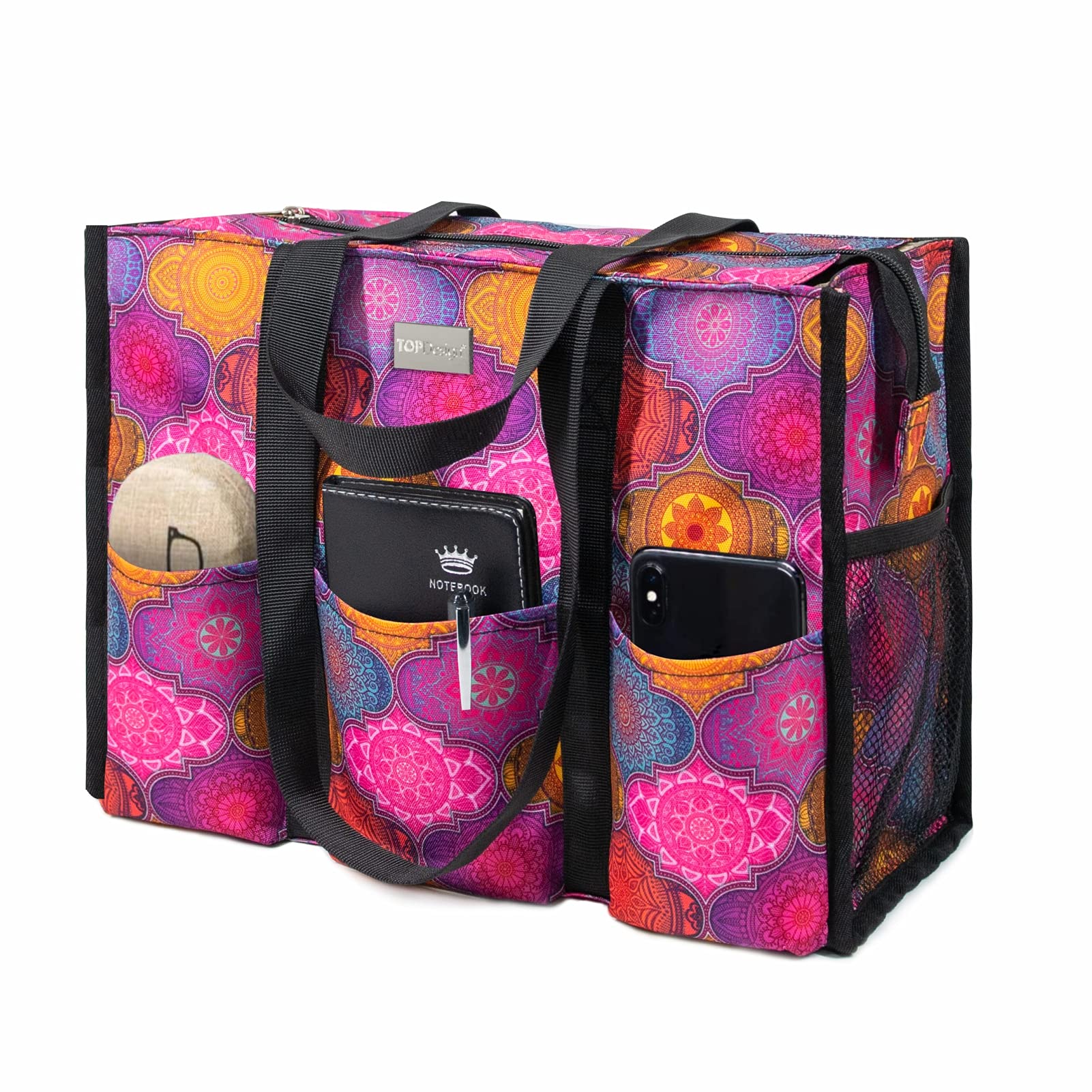 TOPDesign Utility Water Resistant Tote Bag with 13 Pockets, Zipper Closure
