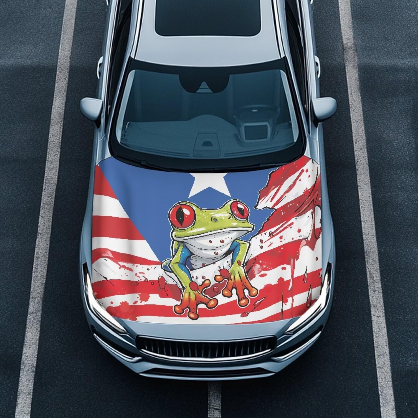 Renewold Puerto Rico Flag Frog, Car Hood Cover Protector, Vehicle Hood Wrap Blanket, Women Men Automotive Exterior Accessories, Elastic for Outdoor Indoor