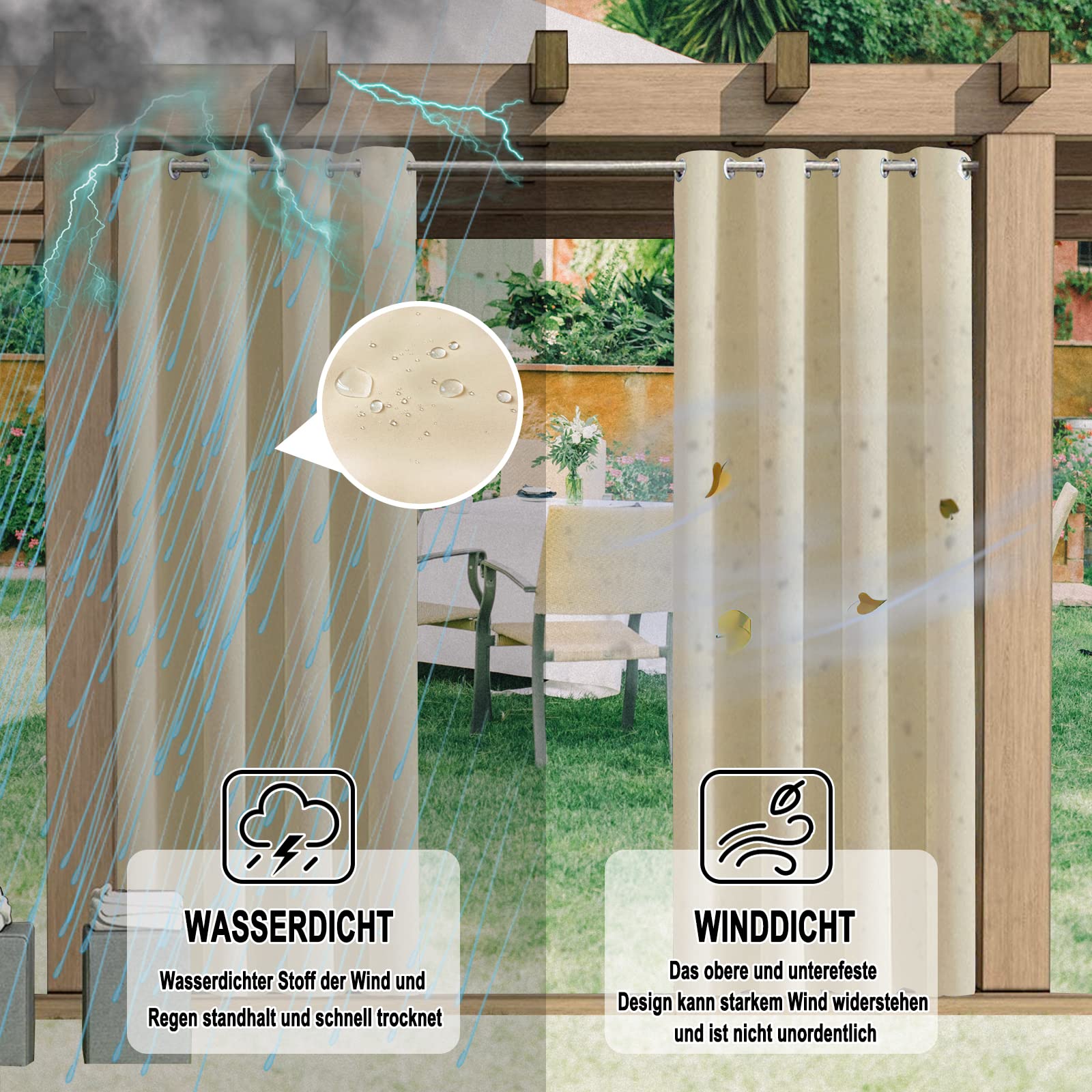 Outdoor Vorhang Wetterfest, 1 Stück Outdoor Vorhang Wasserdicht Wetterfest Blickdicht mit Ösen, 24 Farben Sichtschutz Sonnenschutz Outdoor Gardine für Veranda, Pergola, Laube, B213xH213CM