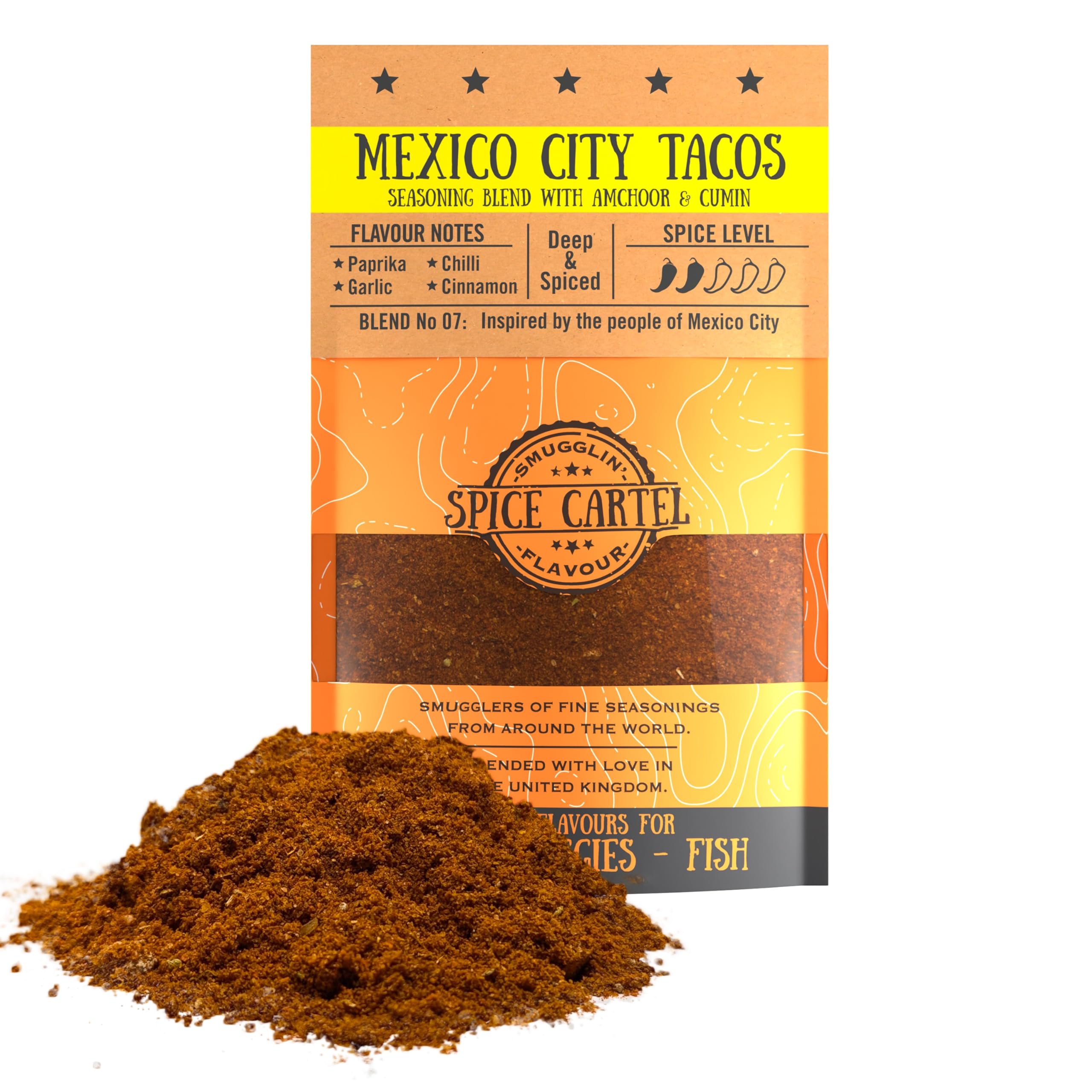 Tacos de la Ciudad de México del Cartel de Spice. ¡Perfecto para darle a sus tacos y fajitas una nueva oportunidad de vida! 35 Bolsa resellable. Hecho a mano en el Reino Unido.