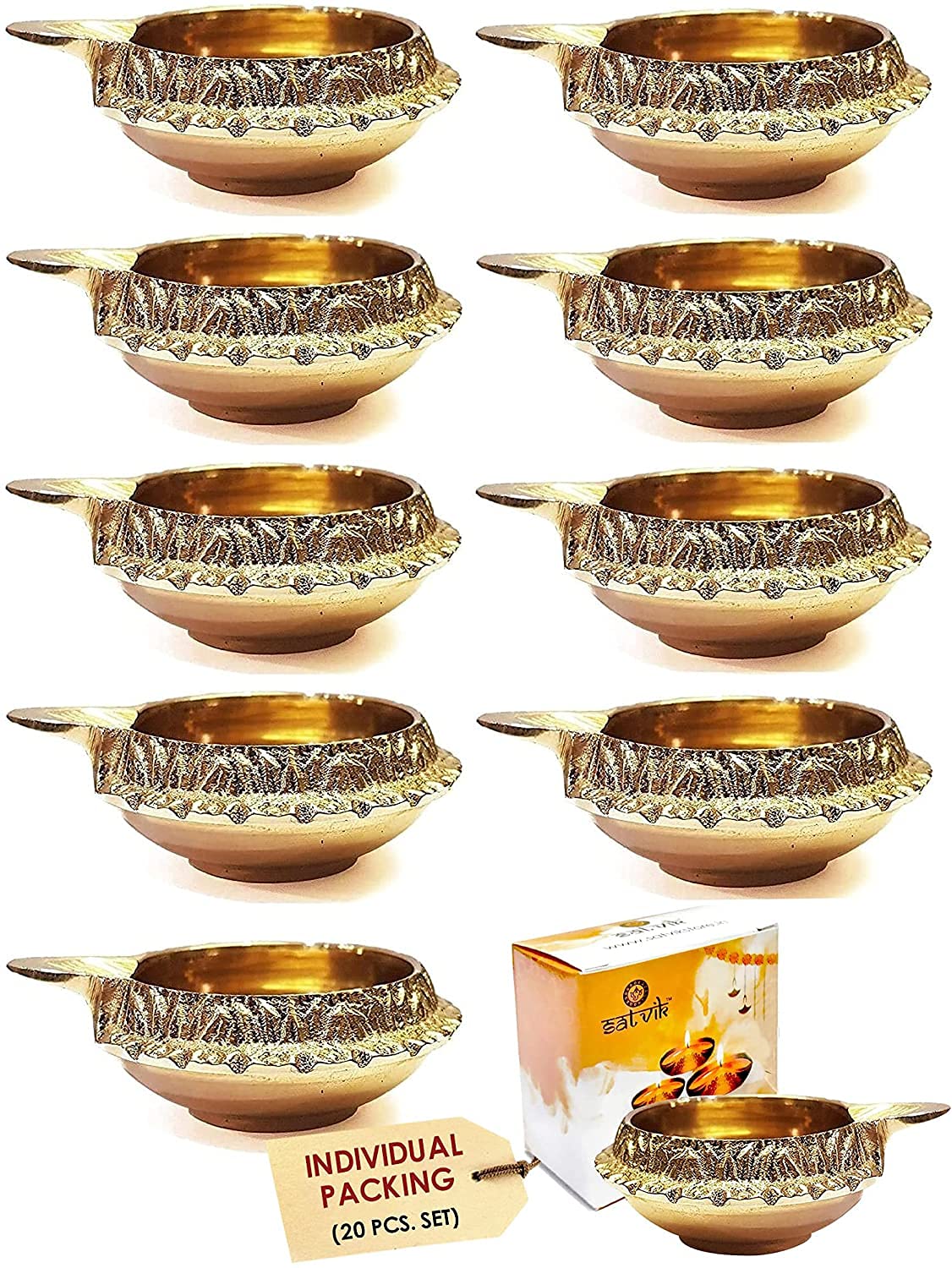 SATVIK 20 pc Kuber Diya for Diwali Decoration. Handmade Oil Lamp with Golden Engraved Made of Virgin