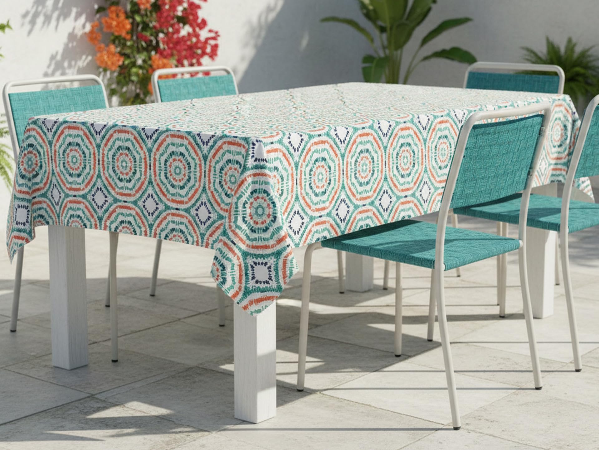 Newbridge Spring Whimsy Tie Dye Vinyl Tablecloth, 52 x 70 Inch Rectangle – Flannel Backed Geometric Table Cover for Dining, Picnics, and Barbecues,