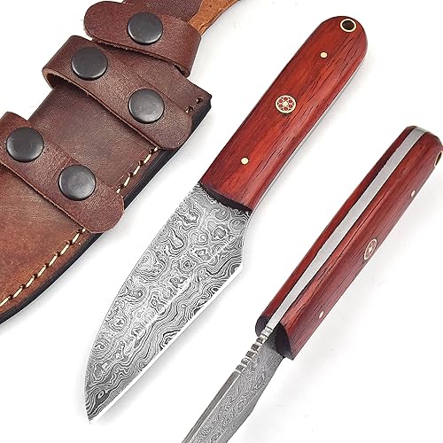 Cuchillo de damasco de hoja fija hecho a mano para caza y desollar con funda de cuero cuchillos de espiga completos forjados a mano de 8 pulgadas Cuchillo de damasco de hoja fija hecho a mano para caza y desollar con funda de cuero cuchillos de espiga completos forjados a mano de 8 pulgadas