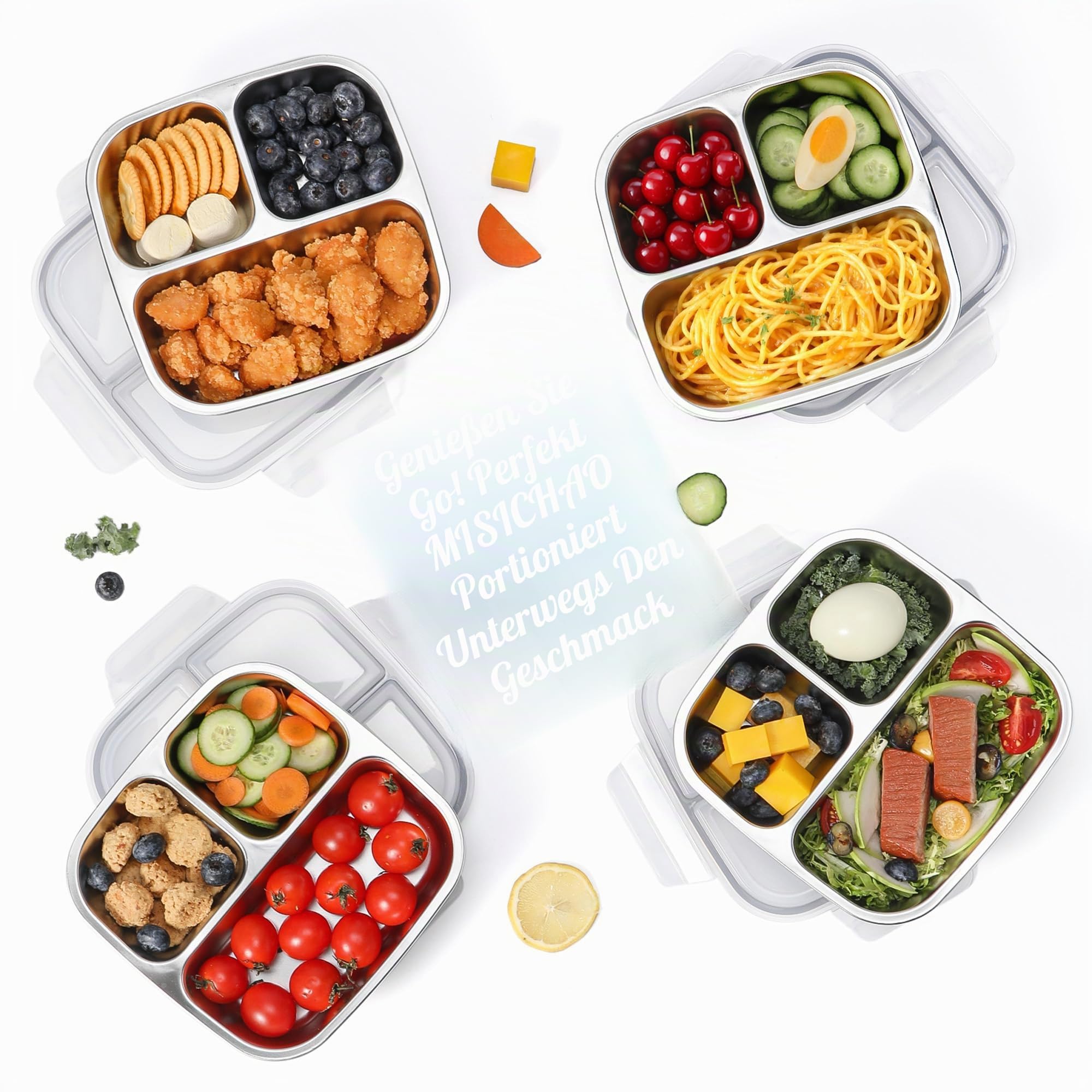 Misichao Edelstahl Snackbox mit 3 Fächern | Wiederverwendbare kleine Bento-Lunchbox für Kinder und Erwachsene, geteilter Essensbehälter für Schule, Arbeit, Reisen (4, Grau)