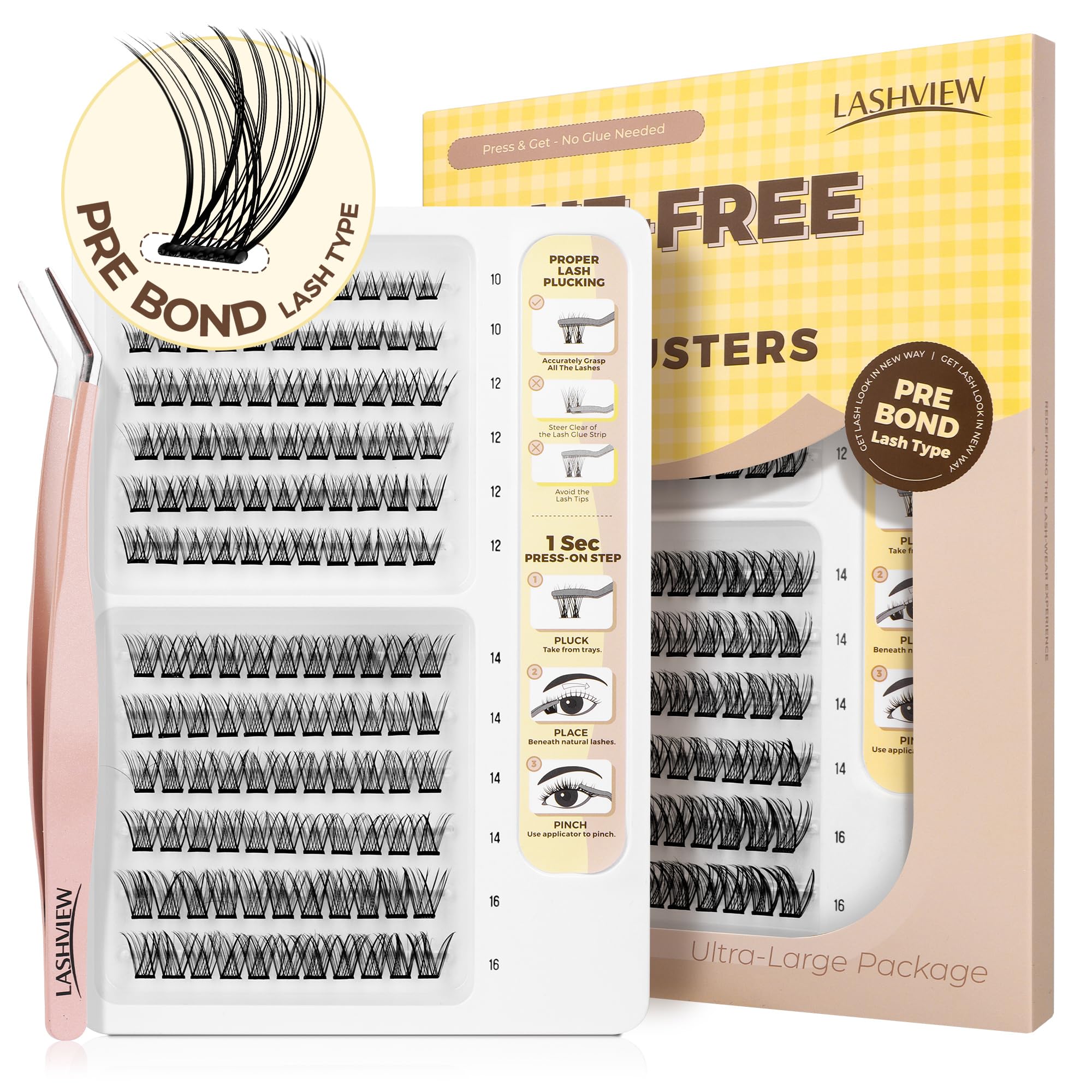 LASHVIEW Self Adhesive Lashes Clusters Eyelashes, 5+ Days Wear Press-on Lashes 10-16mm Individual Lash Extension Kit with Tweezers, No Glue Needed Natural DIY Kit (ZNF23) — view 20