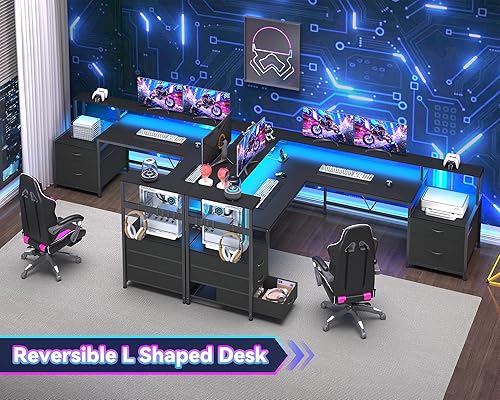 Miniatura 8 de Escritorio para juegos en forma de L de 67 pulgadas con luces LED y tomacorrientes, escritorio reversible en forma de L con cajones y estantes de