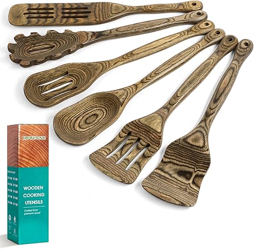 Juego de utensilios de cocina de madera de Pakkawood de 6 piezas  Cucharas de cocina de madera con espátula ranurada, volteador, cuchara de