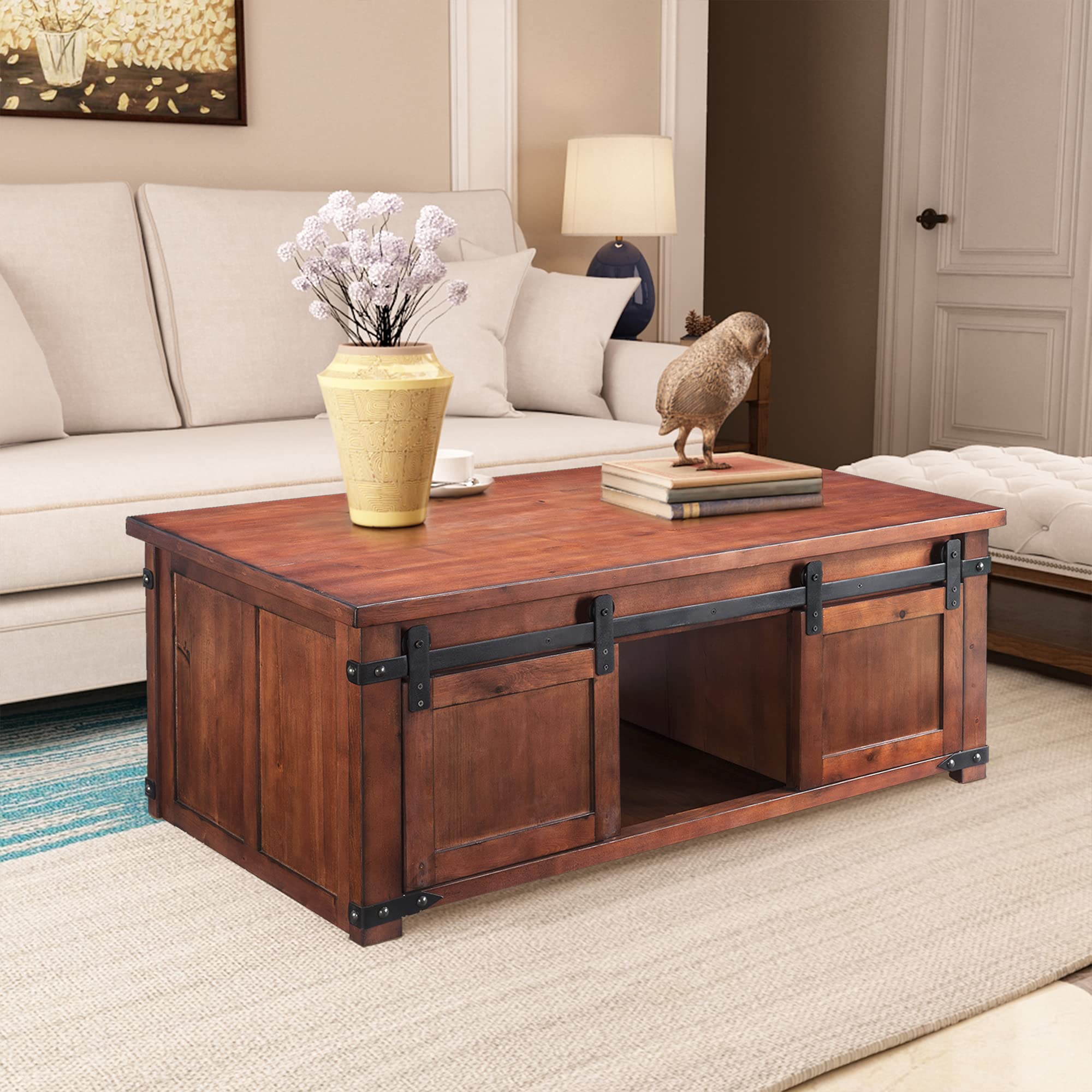 Solid Wood Coffee Table with Sliding Doors, Farmhouse Coffee Table