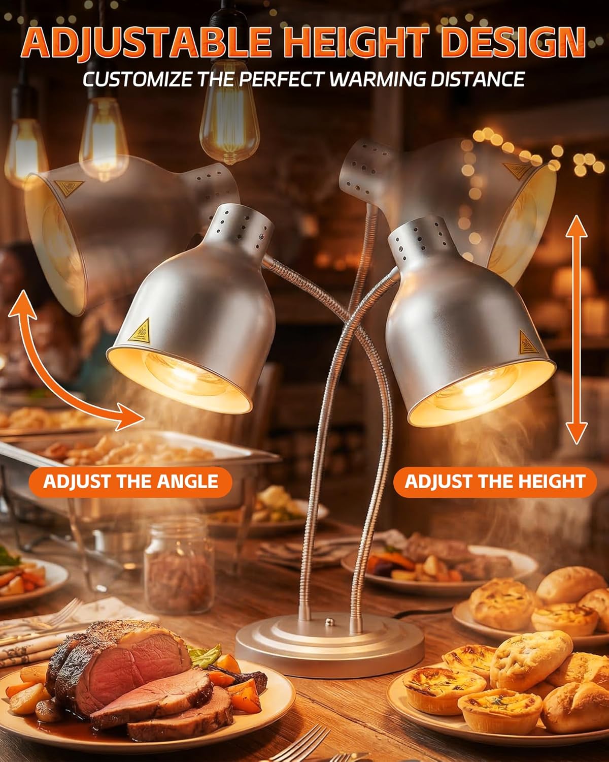 Original Food Heat Lamp, 500W Commercial Food Warmer Light with 3 Bulbs, Adjustable and Flexible Buffet Heating Lamp for Catering, Restaurant, Party (Includes Plates & Tong)