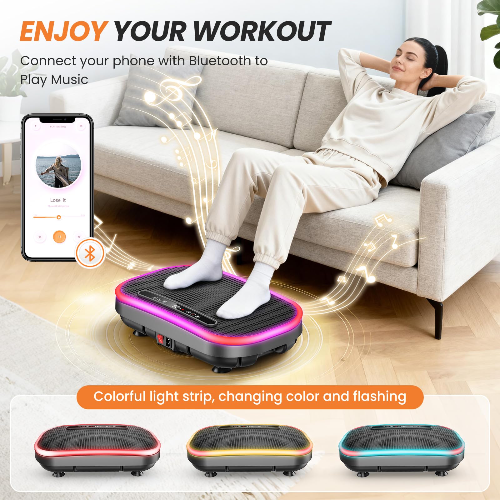 Plateforme Vibrante, Plateforme Vibrante Perte de Poids, 9 Modes Réglables, 1-120 Niveaux D’Intensité, Haut-Parleur Bluetooth Intégré, Télécommande, Écran LED, Capacité de Charge 150 kg