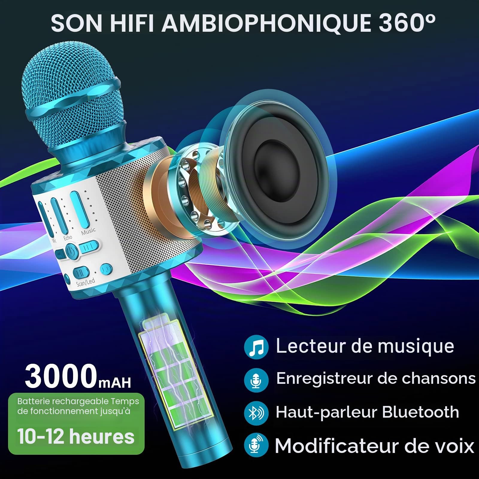 Micros sans Fil Karaoké, Microphone Karaoke Bluetooth avec Lumière Scène, Portable Haut-Parleur pour Enfants/Adultes Fête Chanter Disco KTV Clubs Noël Anniversaire Soiree Idée Cadeau Fille Garcon