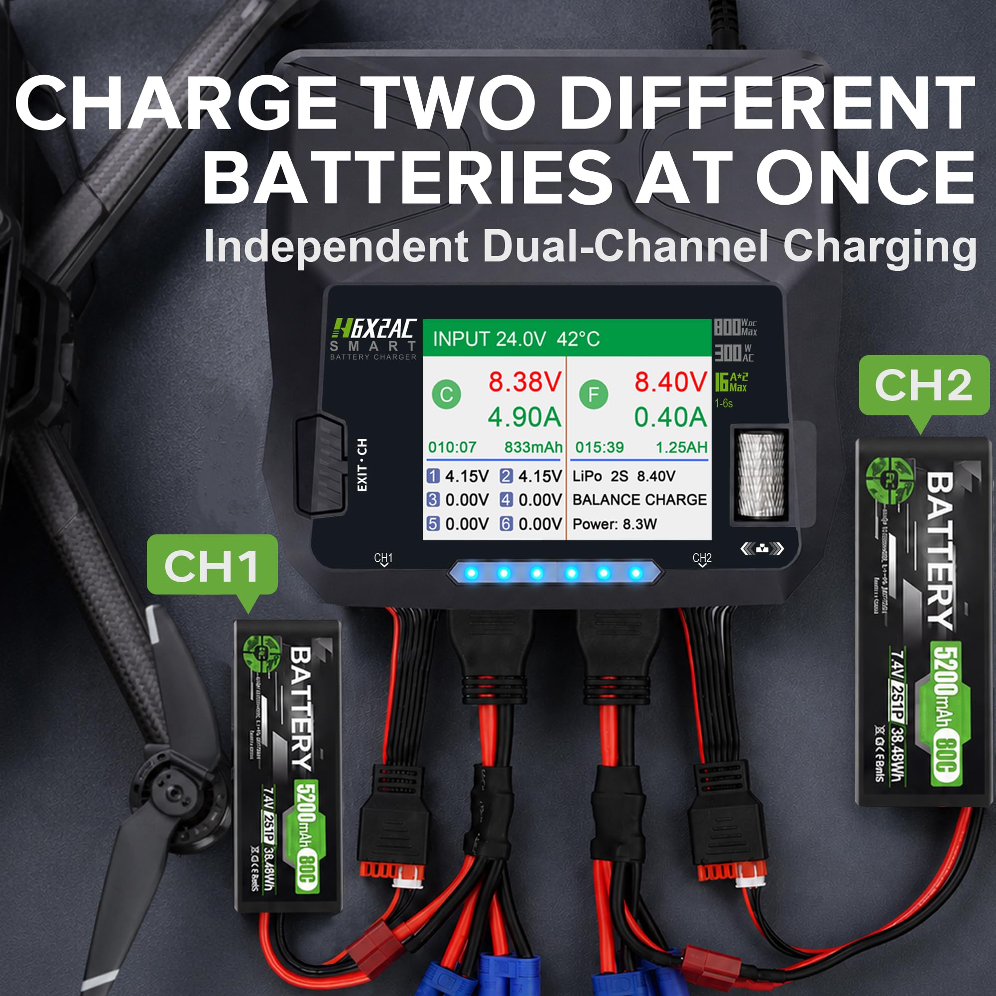 HTRC H6X2AC Duo - Caricatore LiPo con bilanciatore, 2 × 16 A, 300 W AC/2 × | Caricatore RC per LiPo/LiHV/Li-Ion/LiFe/LTO 1-6S, NiMH/NiCd 1-15S & Pb 2-20 V; scarica, modalità di stoccaggio