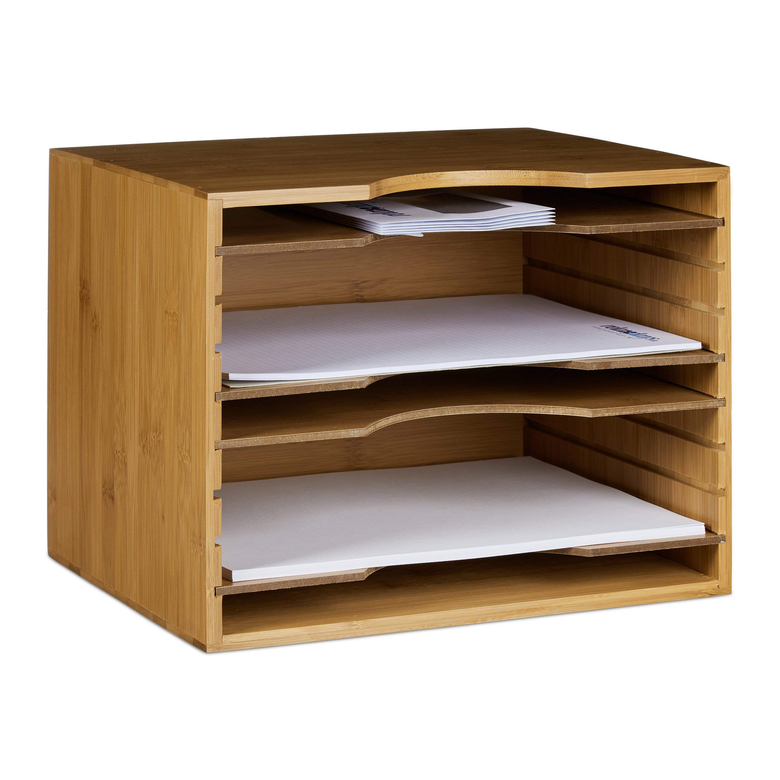 Relaxdays Schreibtisch Organizer, Briefablage A4, Bambus & Briefablage aus Bambus Ablagesystem für den Schreibtisch Dokumentenablage mit 4 variablen Einlegeböden Papierablage aus Holz, Natur