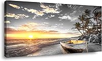 HaichuangDecorArt Black & White Beach Sunset Seascape Canvas Wall Art Print, 20x40in Stretched Ocean Landscape for Bedroom Living Room Decor