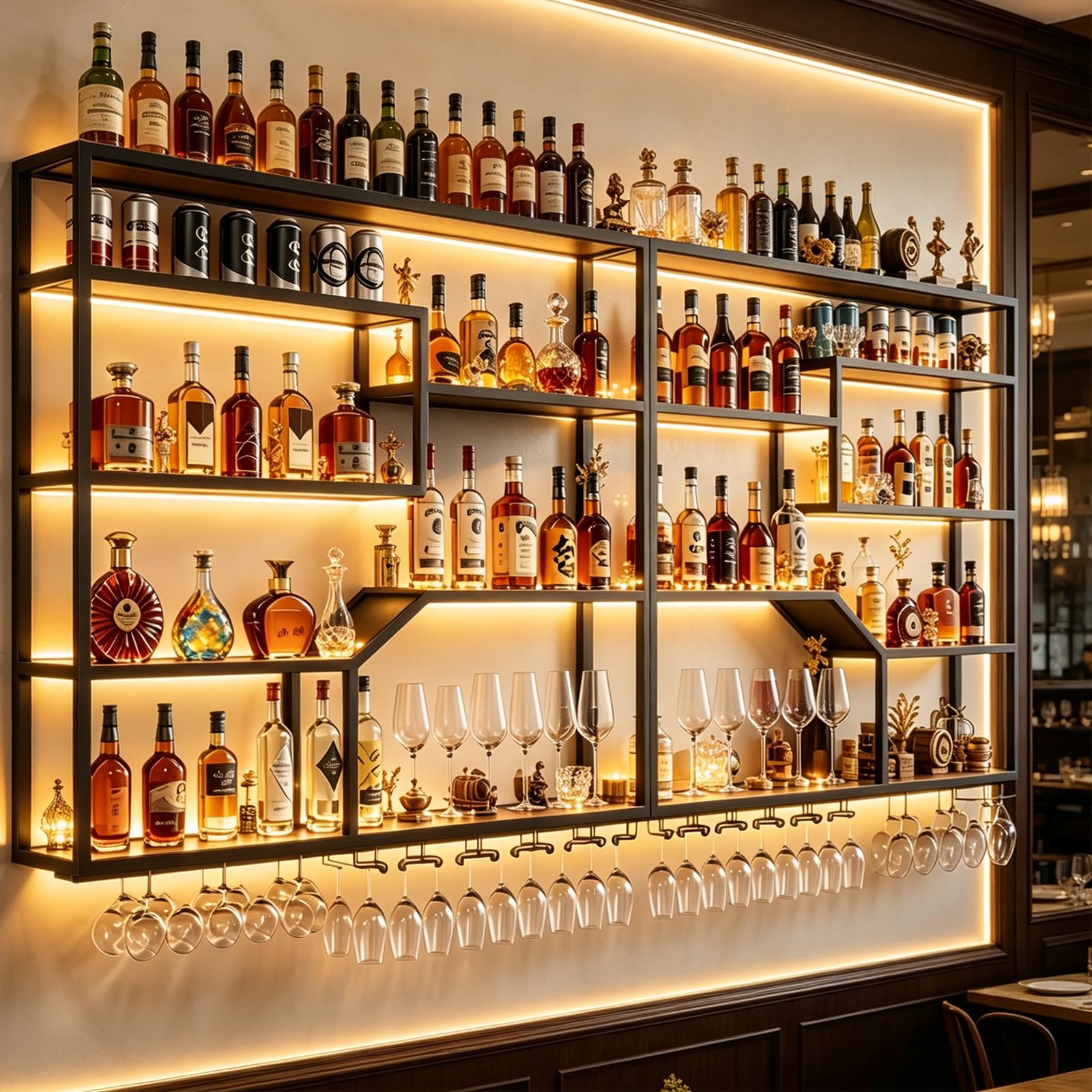 Botellero Modular de Pared con luz LED (Negro, 200CM) | Botellero de pared LED modular, 4 niveles, hierro y nogal; hasta 200 botellas; largo 200-300 cm; portacopas incluido