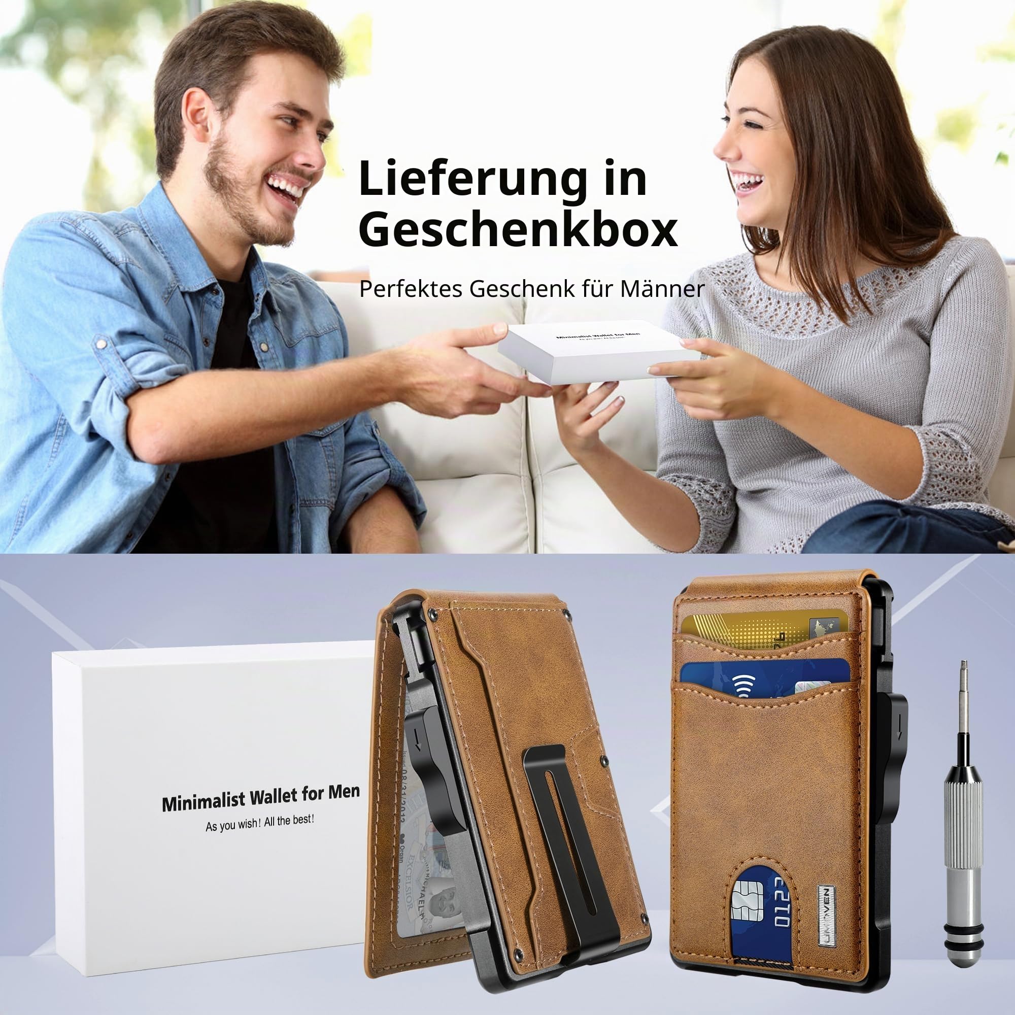 umoven Geldbörse für Herren – mit Geldklammer, schlanke Lederfächer, RFID-blockierend, Bifold minimalistische Geldbörse, Braun, Minimalistisch