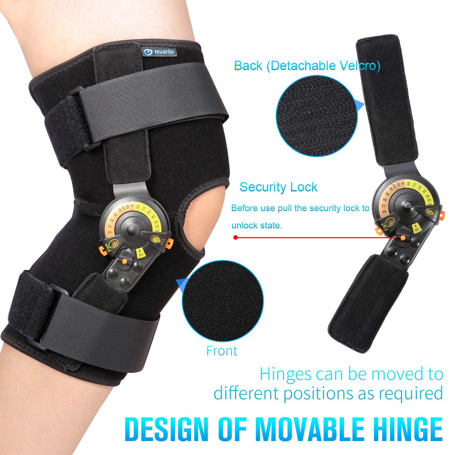 Nvorliy Hinged ROM Knee Brace Adjustable Knee Immobilizer Support for Arthritis, ACL, PCL