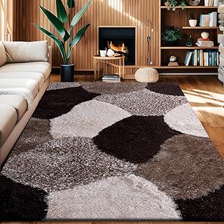 Rugs Inn Pona Rug - Extra Large Soft Shaggy Area Carpet, Dense Thick Pile with Geometric Design for Bedroom, Living Room, Dining Room, and Hallway Kitchen (Brown Beige Cream, 160x230 cm)