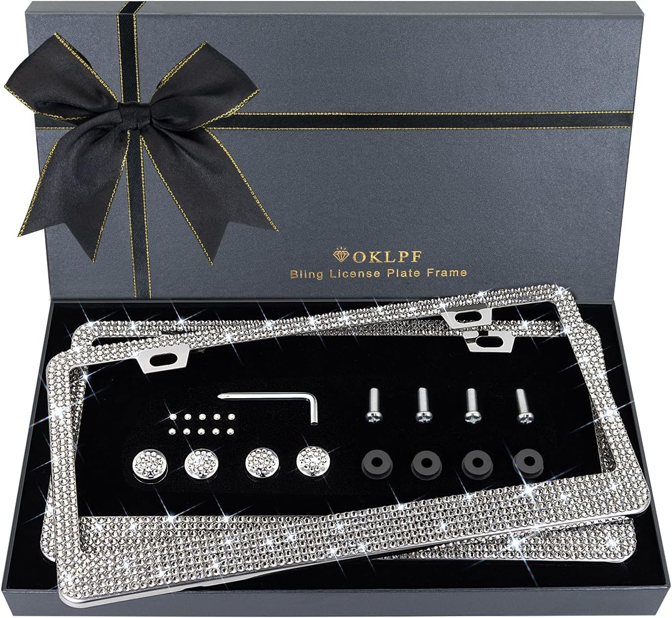 OKLPF Bling License Plate Frame for Women, Sparkly Stainless Steel License Plate Frames| Over 1200 pcs 14 Facets Bedazzled Clear Glass Diamond Rhinestone Crystals 2PK (White) White 2PK