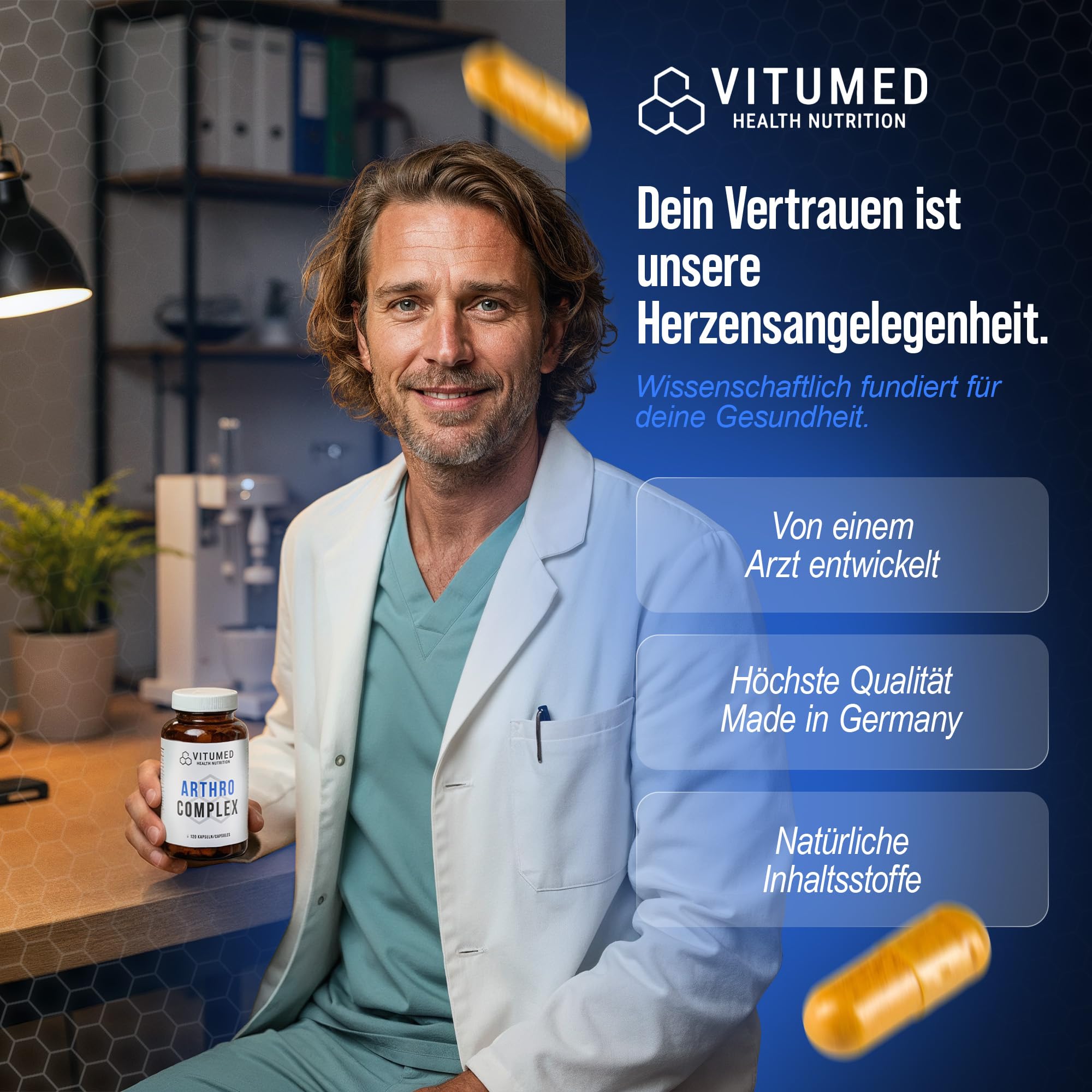 Arthrose-Komplex - Gelenkkapseln, Hochdosiert für Gelenke-, Knie- und Knorpelschutz | Made in Germany, Unterstützung bei Arthrose & Gelenkschmerzen | Knorpelaufbau-Support, 120 Kapseln