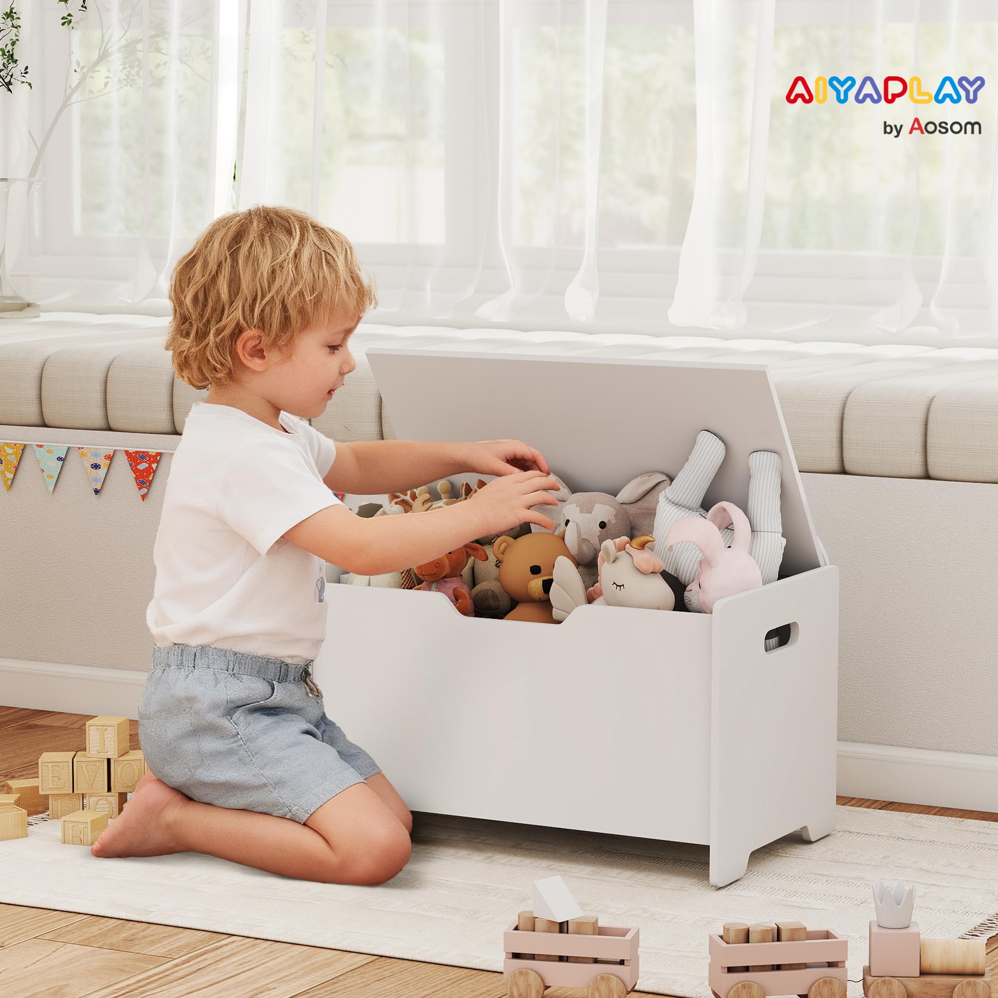 AIYAPLAY Kinderspielzeugtruhe mit Klappdeckel, Kinderaufbewahrungstruhe, Bärenform, Sicherheitsscharnier, Spielzeugaufbewahrung für Mädchen Jungen von 3 bis 8 Jahren, 60 x 38 x 48 cm, weiß