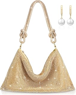 Rhinestone Hobo Bag for Women Chic Sparkly Evening Handbag Clutch Bag Shiny Purse for Party Club Wedding with Earrings
