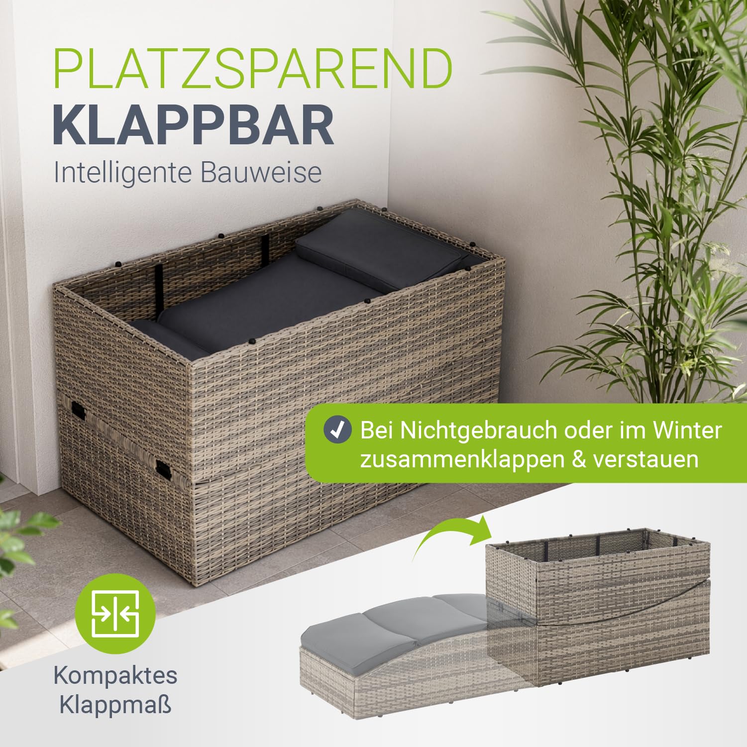 Juskys Sonnenliege Lamia klappbar - Polyrattan Gartenliege mit Auflage, Kopfteil verstellbar, 160 kg belastbar - Garten Balkon Outdoor Liege Grau