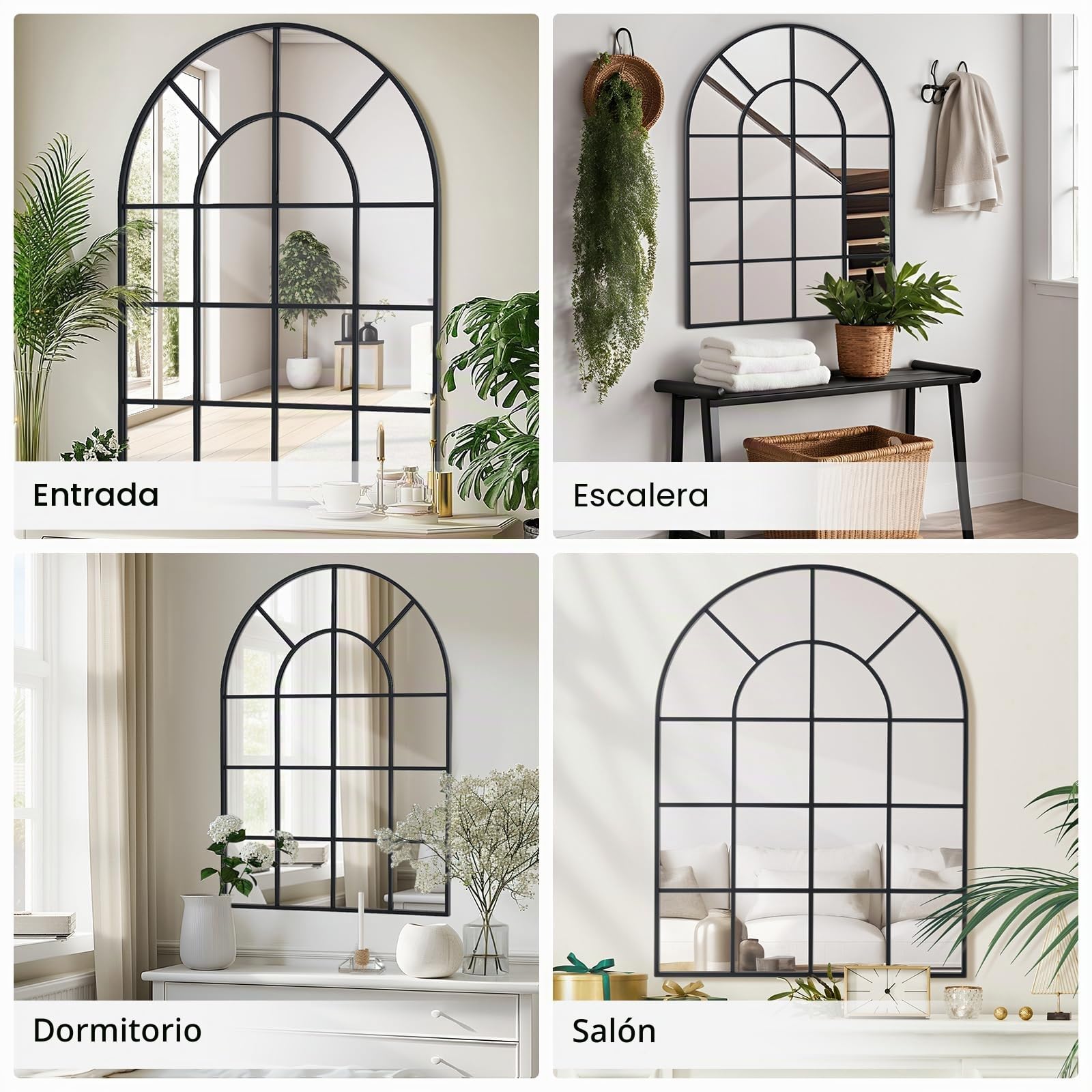 Espejo de ventana curvado 75 x 100 cm, marco de aluminio negro, cristal de ventana, espejo de pared para interior, salón, pasillo, entrada, exterior, decoración de jardín