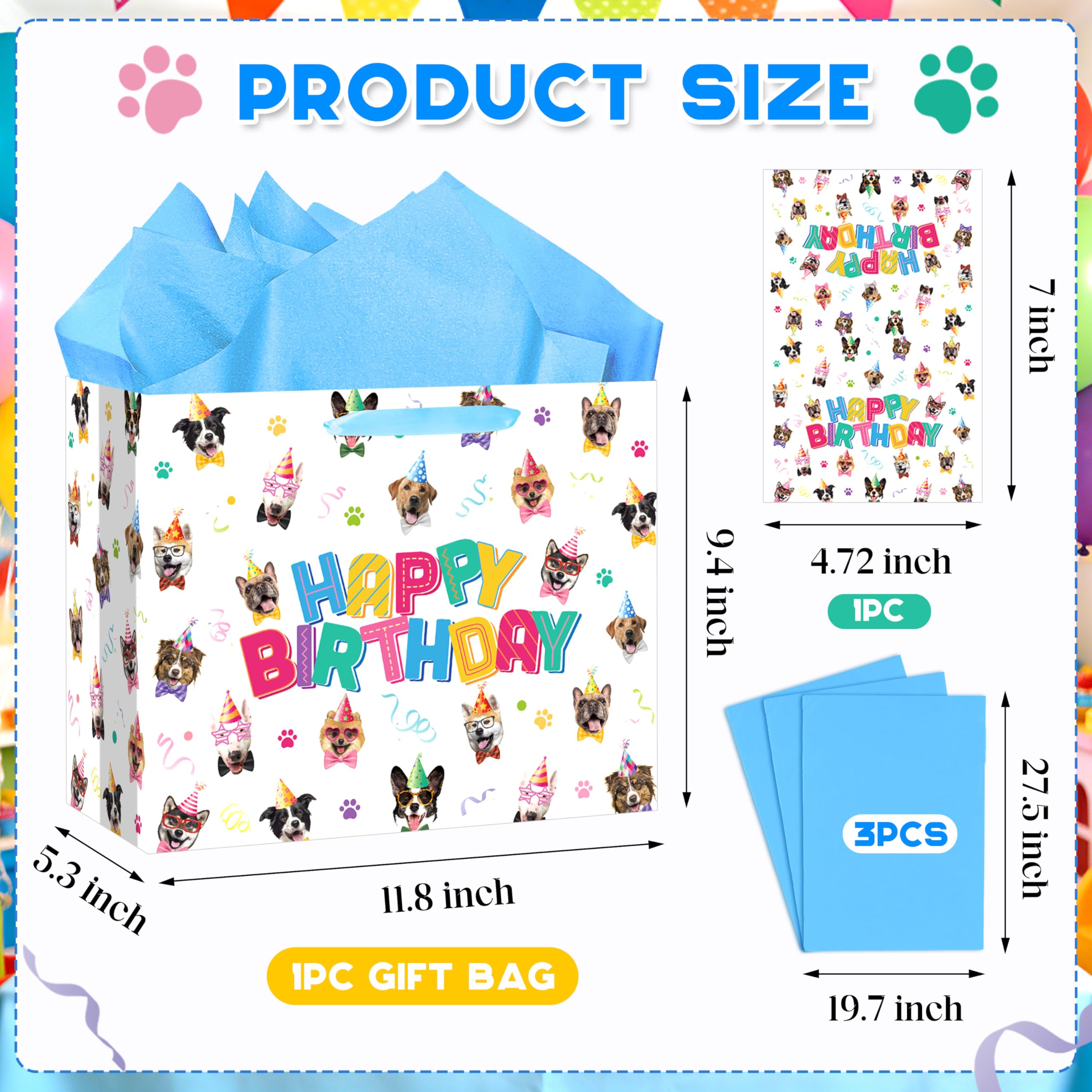 Wauprant Dog Birthday Gift Bag with Tissue Paper Greeting Card Puppy Happy Birthday Bags Wrapping Bag Puppy Theme Party Decorations Favor Supplies for Boys Girls Dog Lover