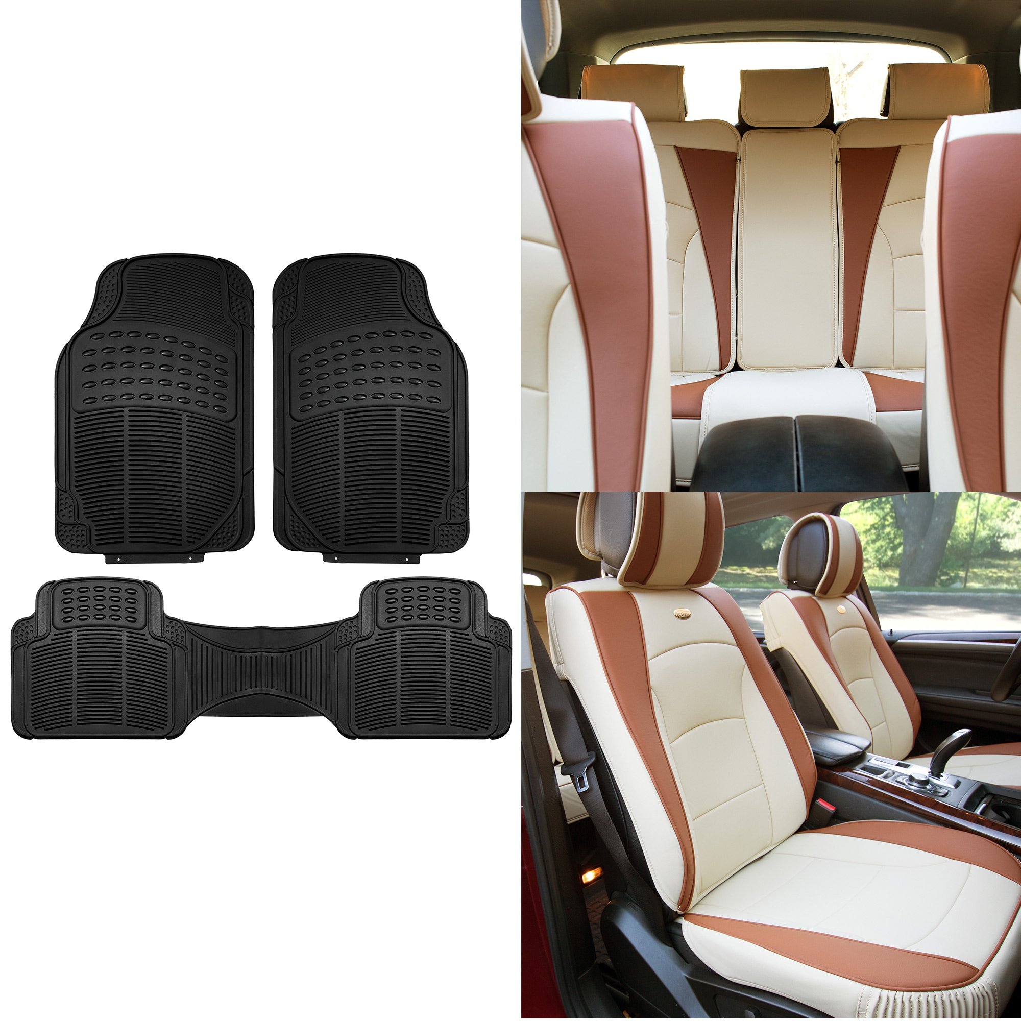 FH Group Ultra Comfort Highest Grade Faux Leather Seat Cushions Full Set – Universal Fit for Cars Trucks & SUVs PU205115 + F11306 (Beige)