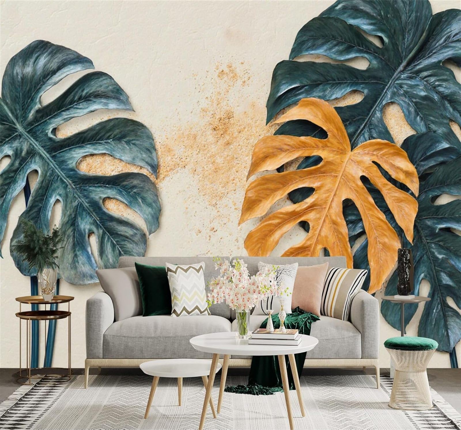 YueMingDi Tropical Gold Deep Green Plants Monstera Leaves 3D Wallpaper Creative Modern Decoration Murals Home Decor Study Living Room Bedroom Sofa Background-250cm×170cm