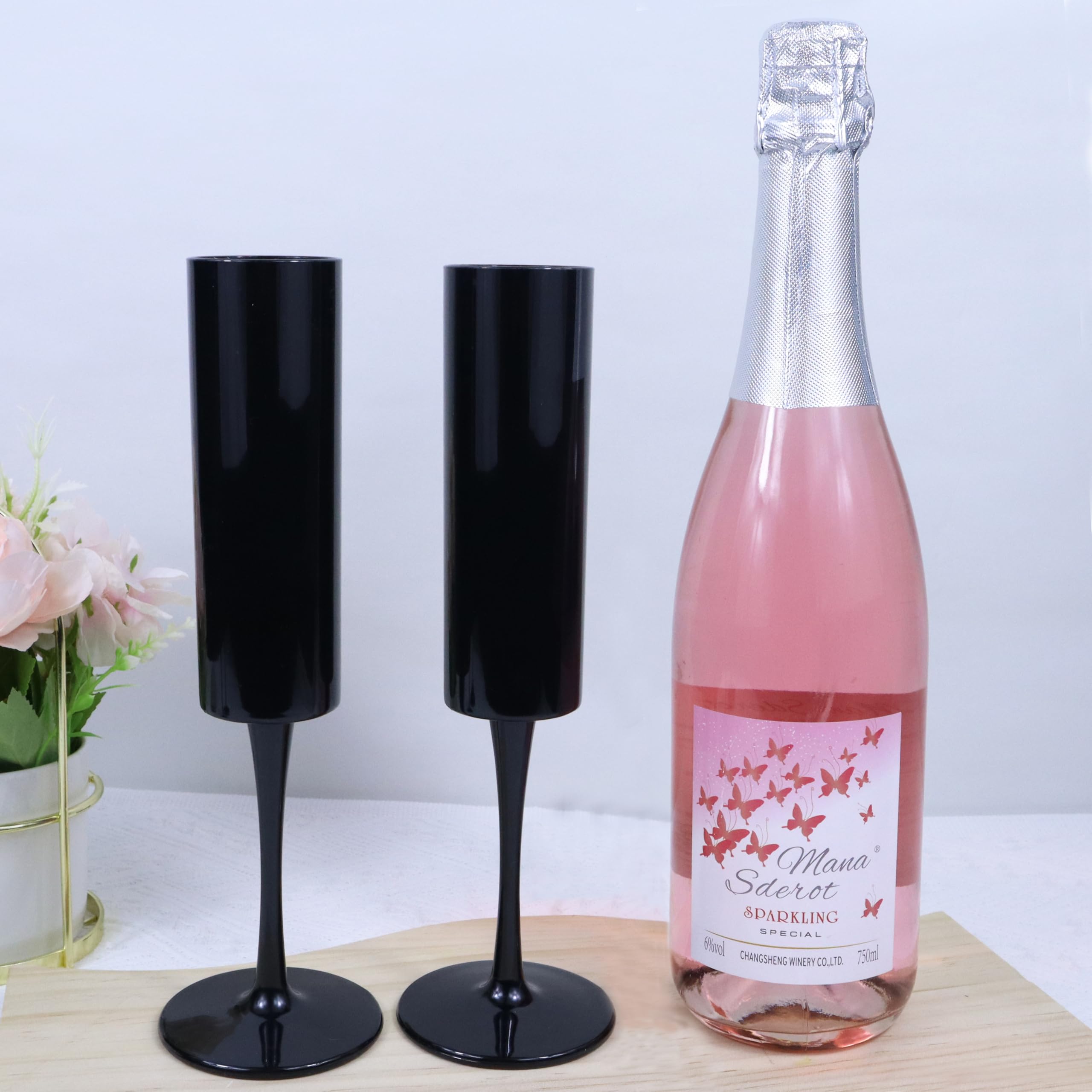 12 copas de champán acrílicas de 6 onzas, copas de champán transparentes de plástico de tallo alto, copas de champán irrompibles para boda, aniversario, Navidad, fiesta de cumpleaños, color negro
