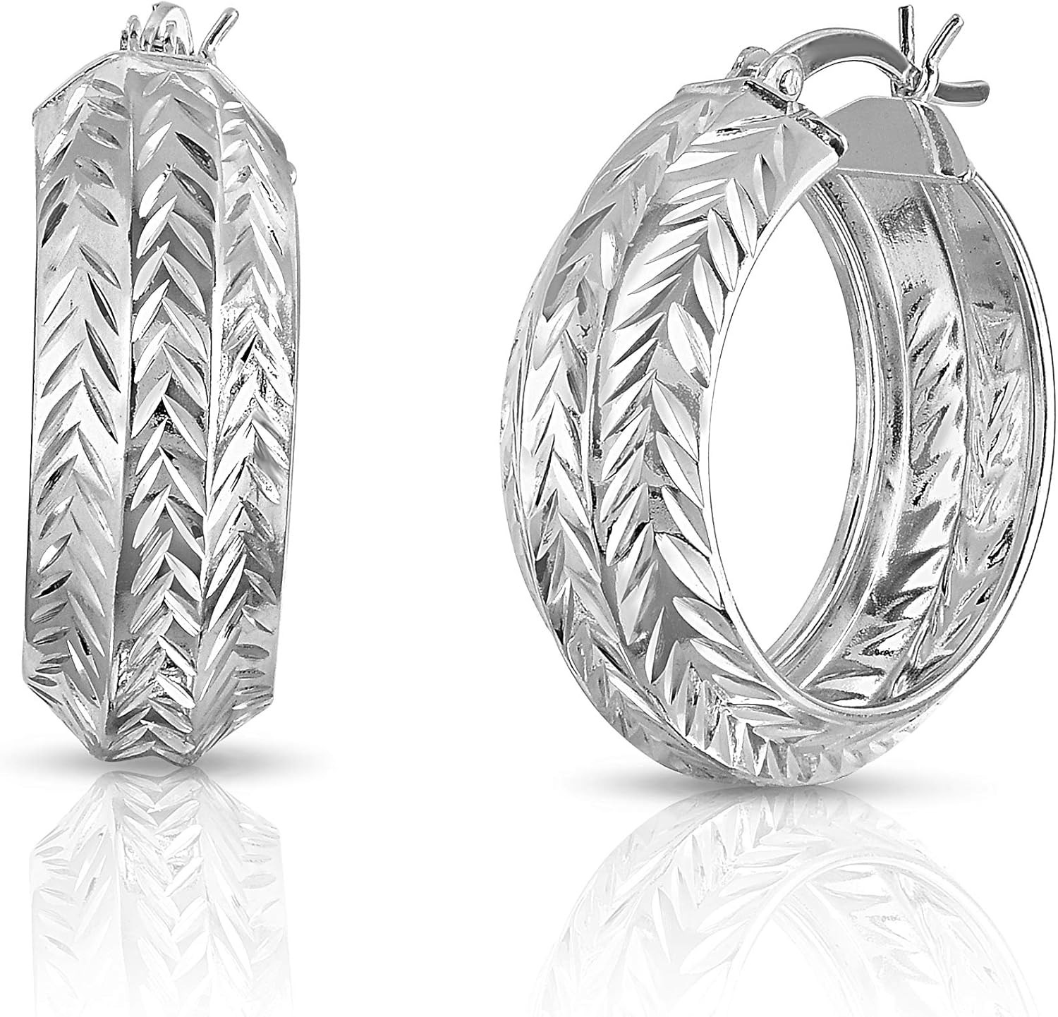 Savlano 18K Gold Plated 925 Sterling Silver Diamond Cut Round Hoop Earrings for Women